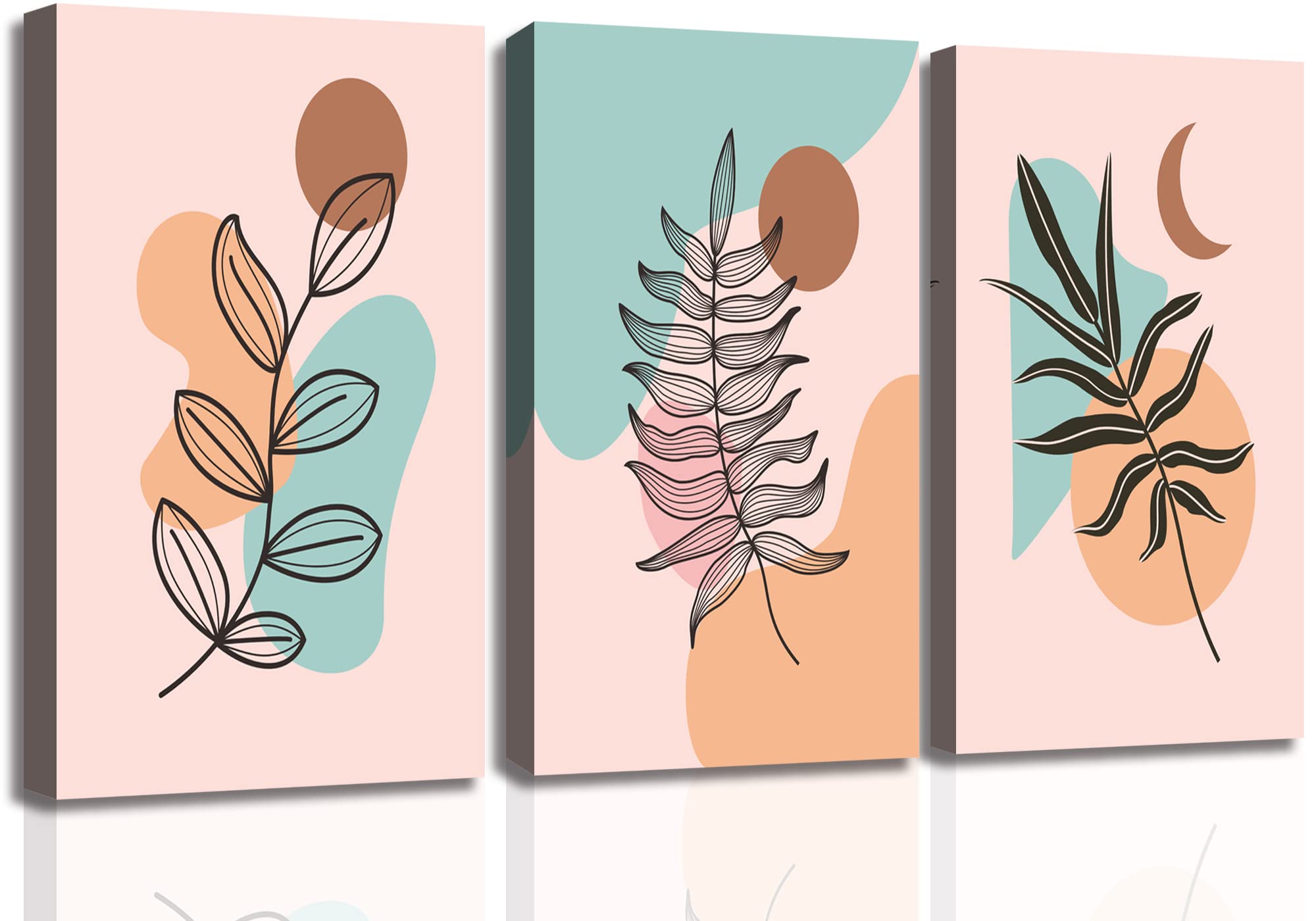 Abstract Boho Framed Wall Art Prints Set of 3, Mid-Century Sun Moon Tropical Plant River Mountain Collage Nature Geometric Modern Art Bohemian Decorative for Living Room, Bedroom, Office 12"x16"x3