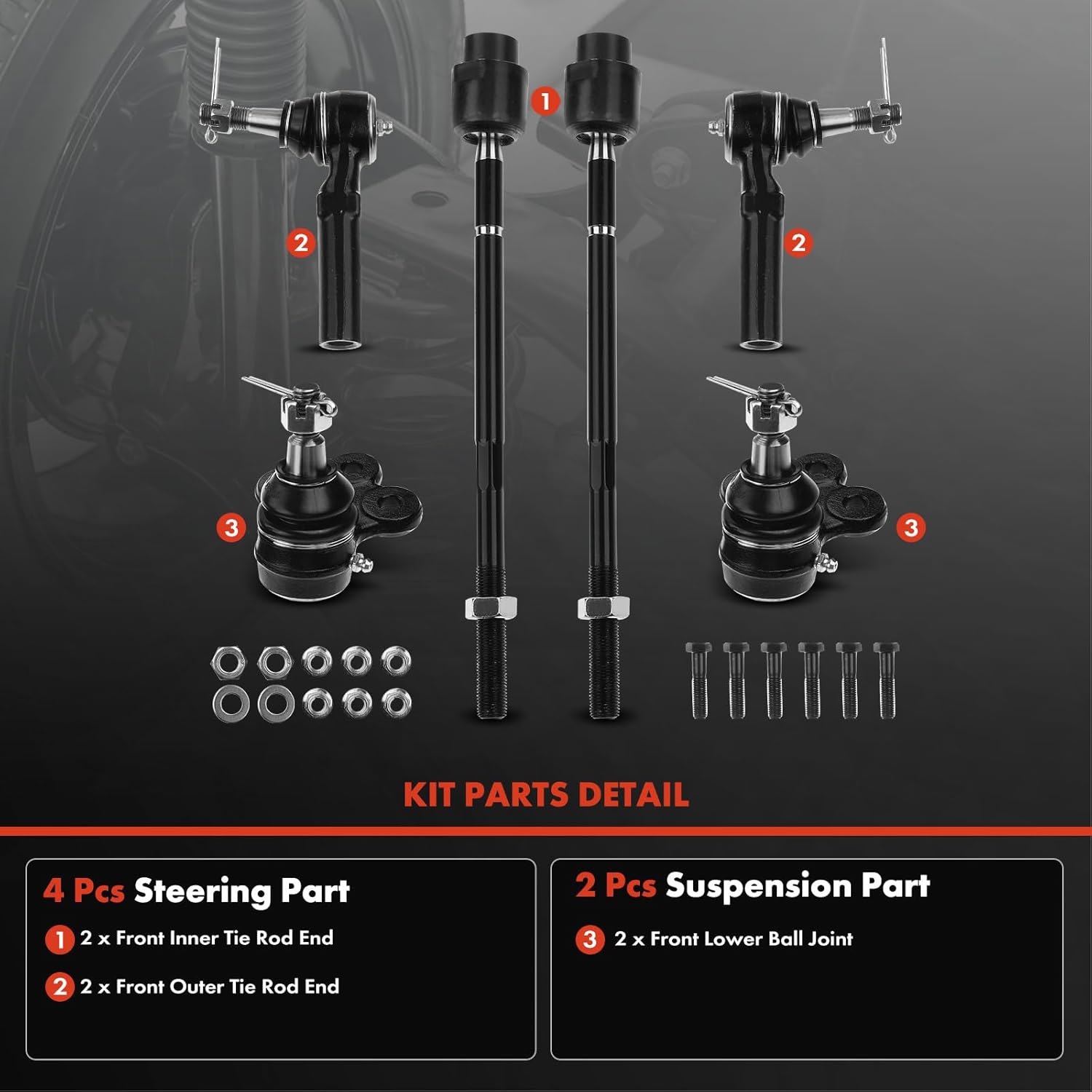 A-Premium Set of 6, Front Lower Ball Joint, Inner & Outer Tie Rod End, Compatible with Pontiac Grand Prix 2004 2005 2006 2007