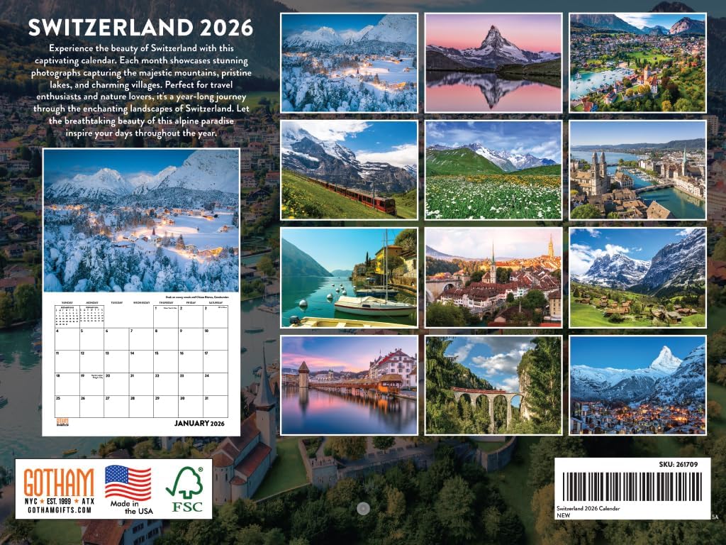 Switzerland Calendar 2026 Swiss Monthly Wall Calender 12 Month | American Made In The USA Switzerland 2026