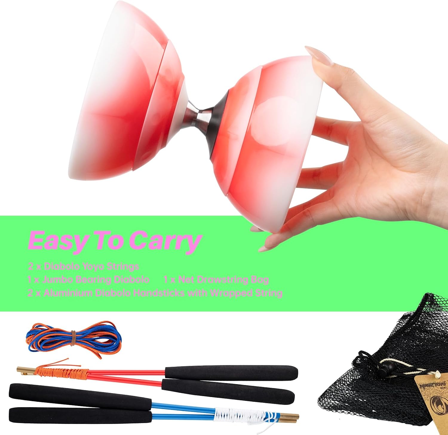 MAGICYOYO Professional Diabolo Yoyo, Chinese Yoyo for Kids 8-12 & Adults, Professional Juggling Diabolo Toy with Sticks & String, Beginner to Advanced Circus Diablo Set for Outdoor Play (Red White)