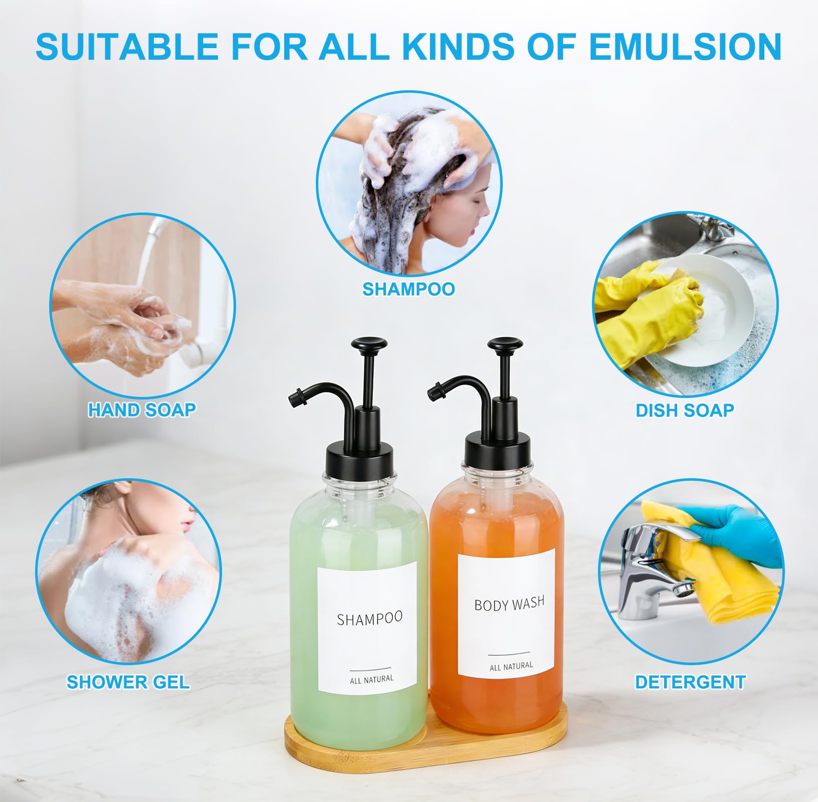 2 Pack Glass Soap Dispenser Set, 16.9oz/500ml Washing Up Liquid Dispenser with Bamboo Tray - Image 4