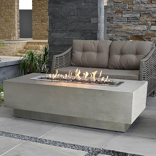 Elementi Fire Pit 60” Rectangular Concrete Natural Gas Fire Table Outdoor Patio Use, 13.2lbs Lava Rock & Canvas Cover are Included (Granville Gray)