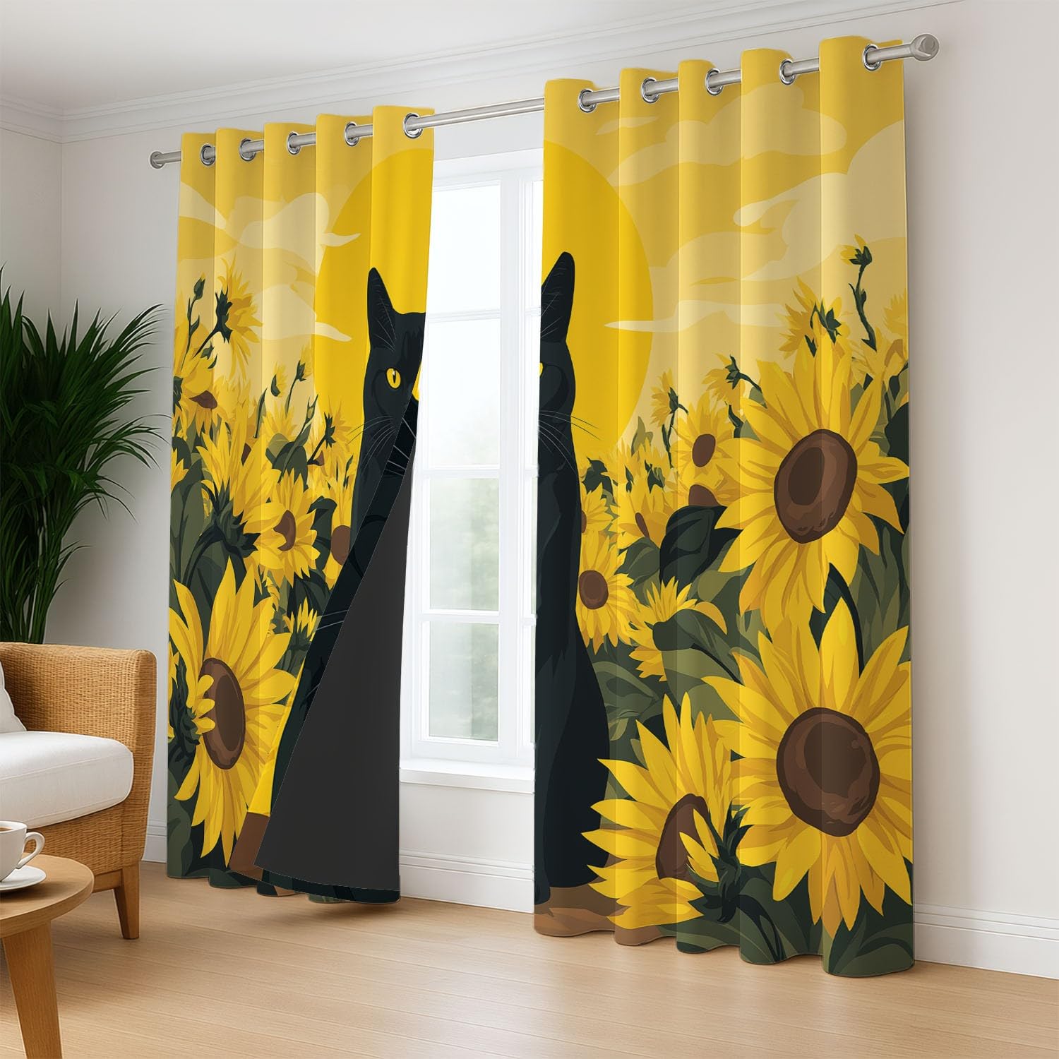 Zasłony zaciemniające z nadrukiem, zabawne, żywe, 140 x 274 cm (2 panele) z kotem słonecznikiem, te zasłony zaciemniające zapewniają prywatność w sypialni
