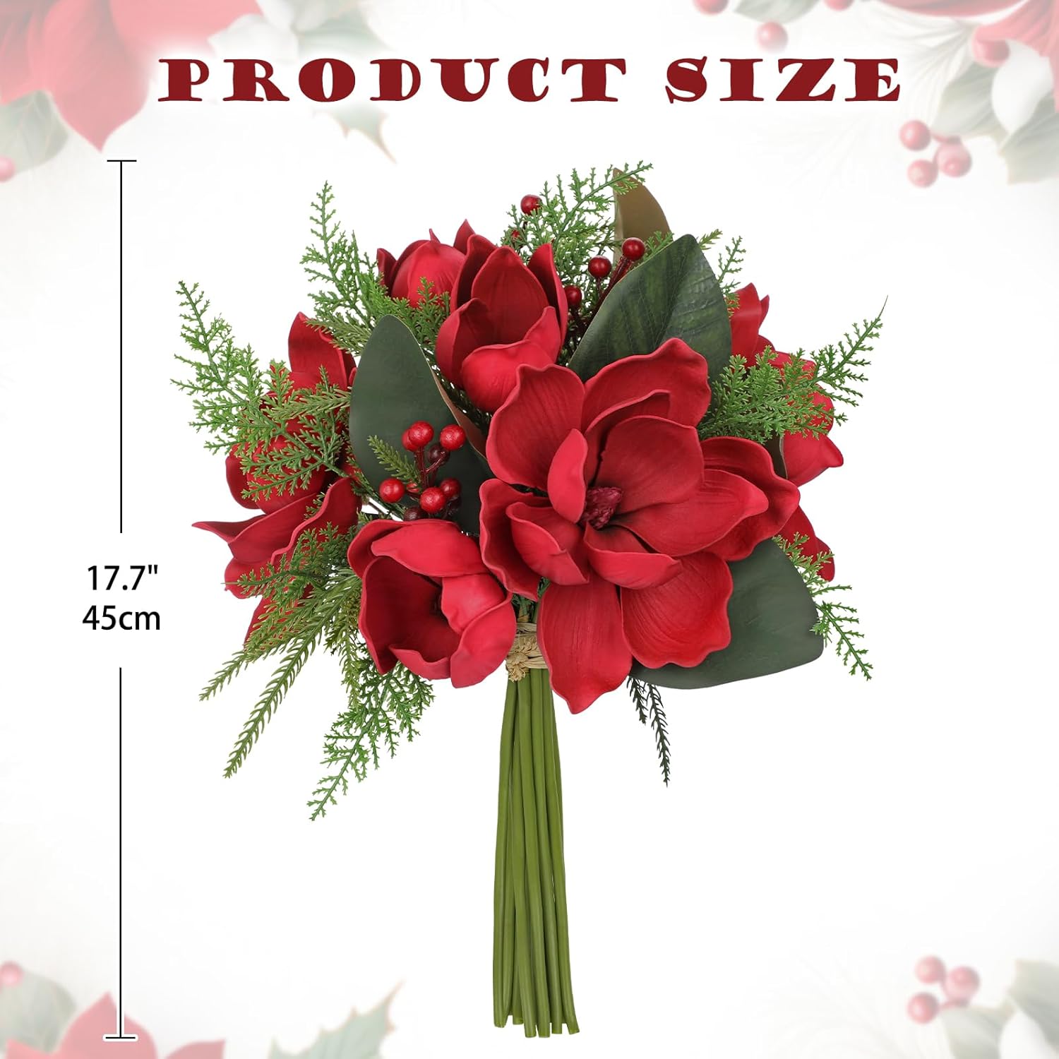 Briful Magnolia Artificial Flower Bouquet Red Magnolia Christmas Flower with Berries Pine Branches Silk Floral Arrangement for Xmas Home Vase Winter Holidays Party Wedding Decor