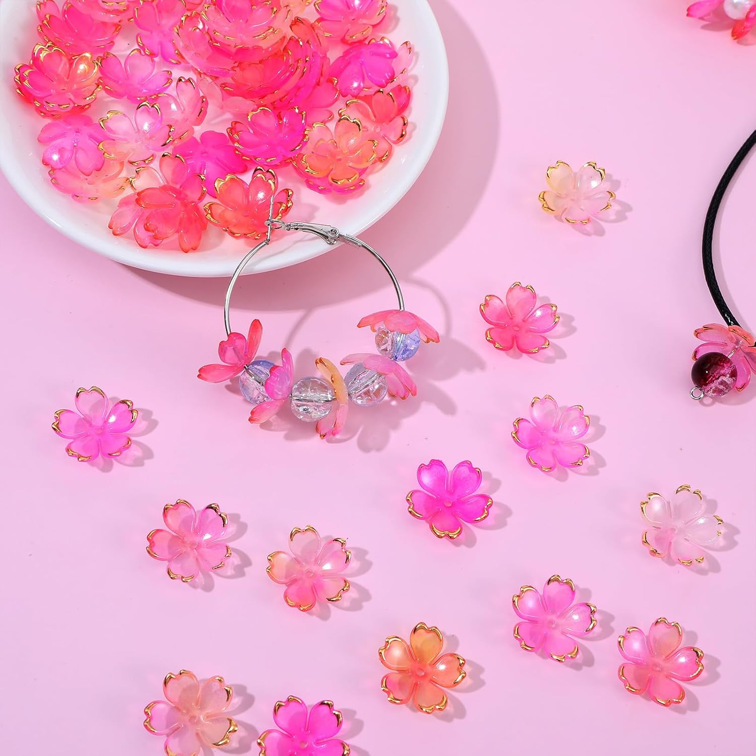 100 Pcs Cherry Blossom Beads, 5-Petal Acrylic Spacer Flower Beads for Jewelry Making, Mini Golden Edge Floral Shaped Bead for Making DIY Craft, Charms, Bracelets, Necklaces, Earrings (Pink Gradient)​ - Image 5