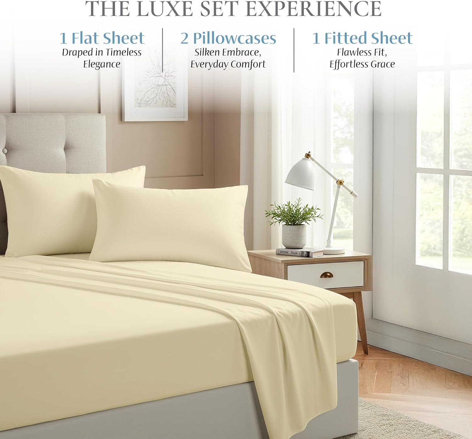 Charlotte 1000 Thread Count Sheet Set 4 Piece 100% Egyptian Cotton Hotel Luxury Breathable Soft Snug Fit Sateen Finish Bed Sheets Fits Upto 18" Mattress (Ivory, King)