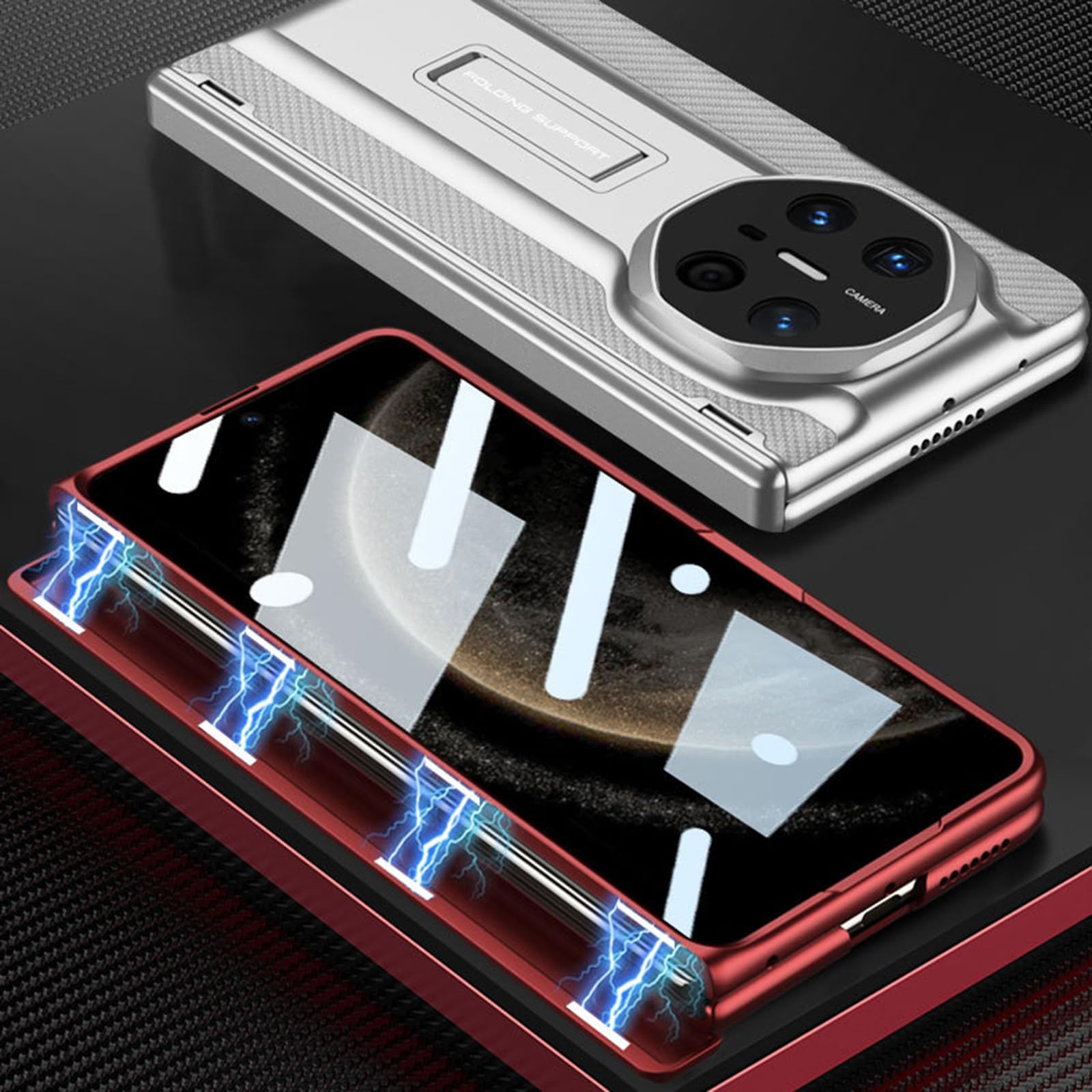 Ultra cienkie etui do HUAWEI Mate X6, odporne na wstrząsy etui ochronne z ukrytą podpórką, tekstura włókna węglowego, czarne, Mate X6