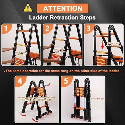 Miniatura 7 de Escalera telescópica de marco A de 12.5 pies con plataforma de herramientas y barra estabilizadora, escaleras telescópicas de aluminio mejoradas con