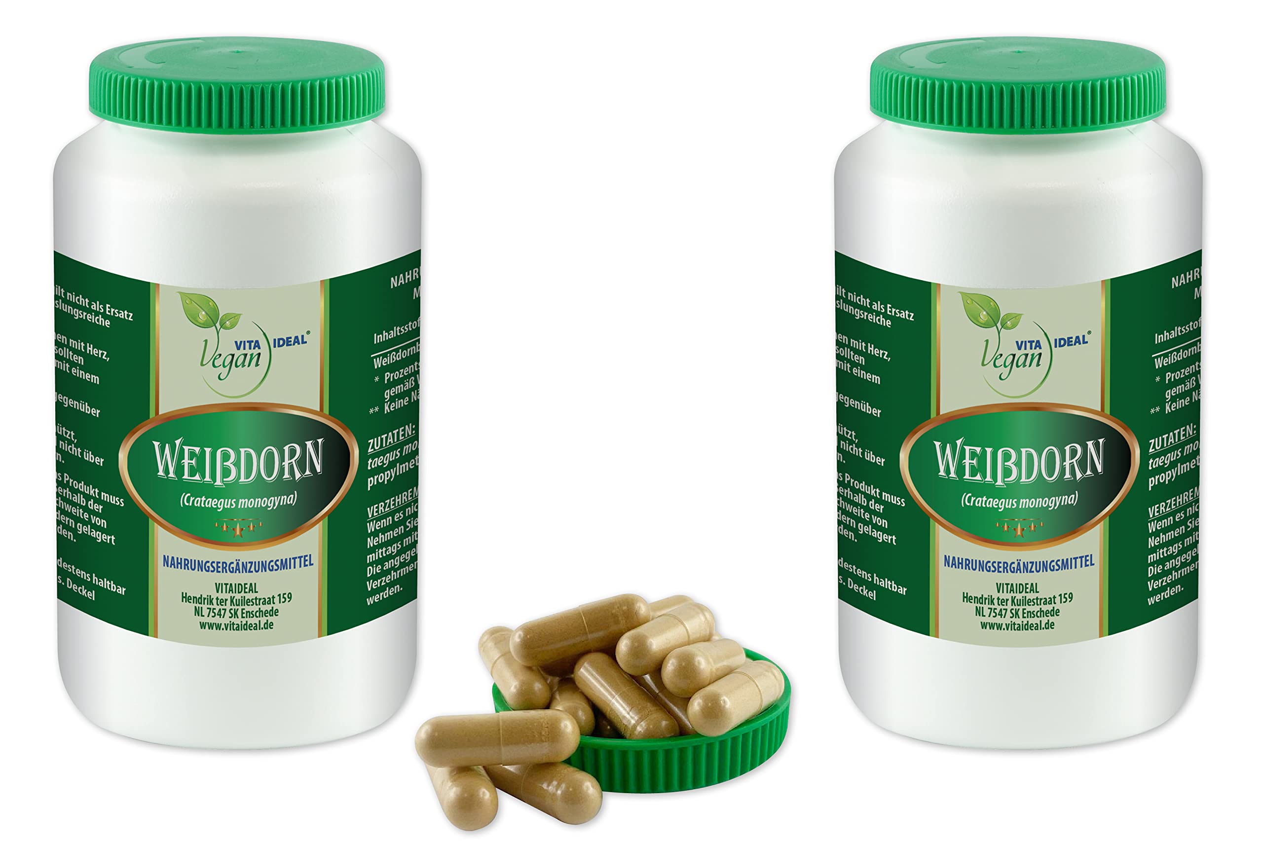 VITA IDEAL Vegan® WEIßDORN - Beeren 2x 360 Kapseln - Crataegus monogyna - Weissdorn - Tagesportion 1000mg WEIßDORNBEEREN reines Pulver. Natürlich, pflanzlich & ohne Zusatzstoffe.