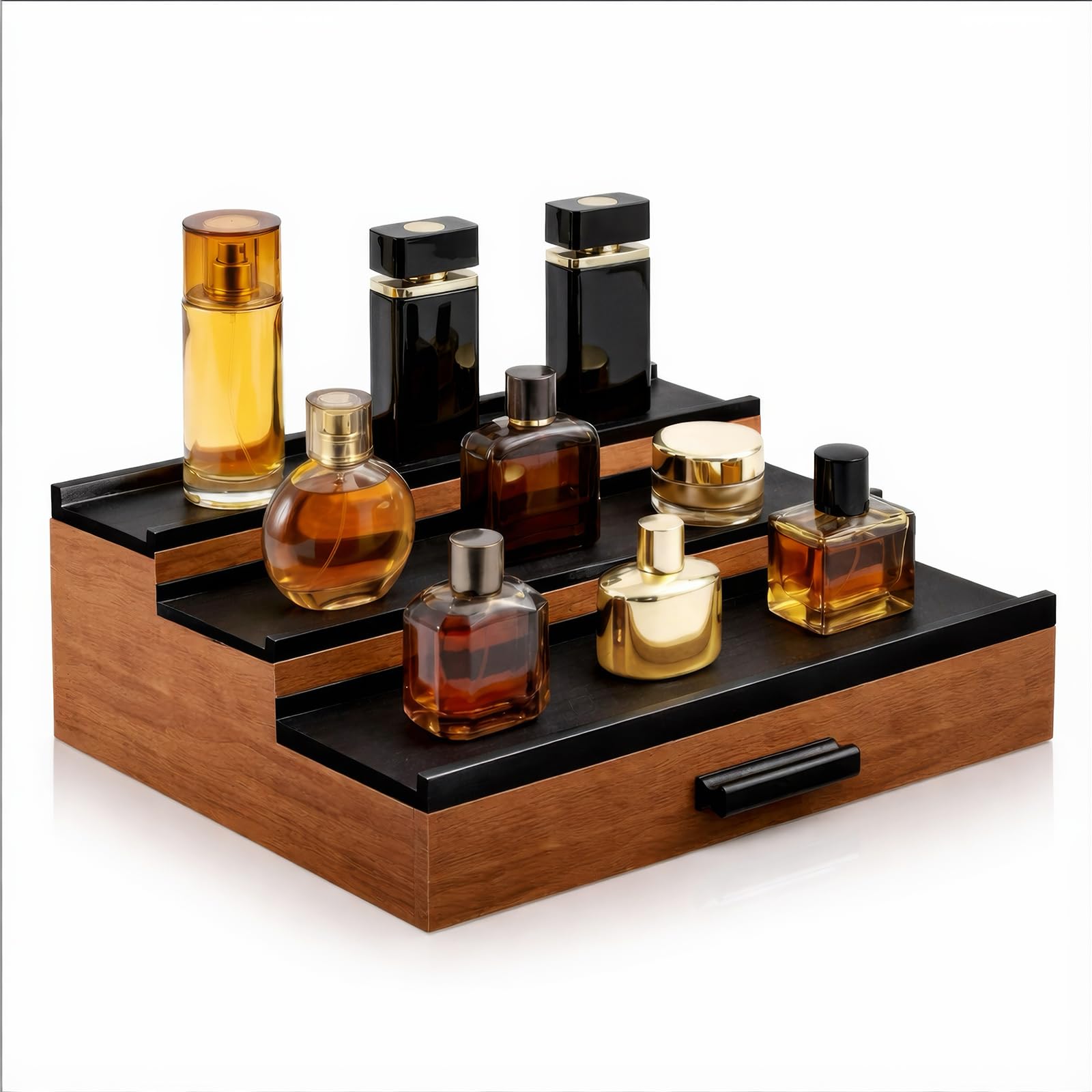 GREENSAPPIRE Wooden Cologne Organizer for Men, 3 Tier Perfume Display Shelf with Drawer Storage, Fragrance Organizer Display Risers for Vanity Dresser, Countertop Cologne Stand Gift for Men (Brown)