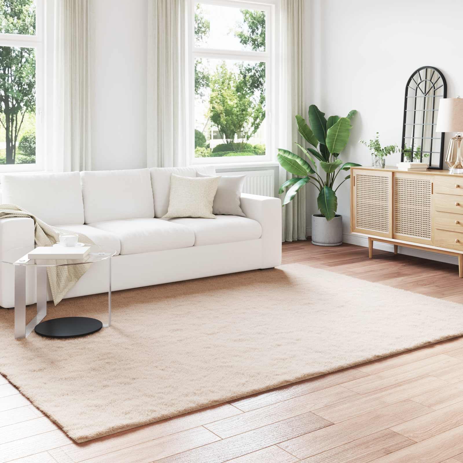 Tapis fausse fourrure lapin lavable et anti-glisse taupe