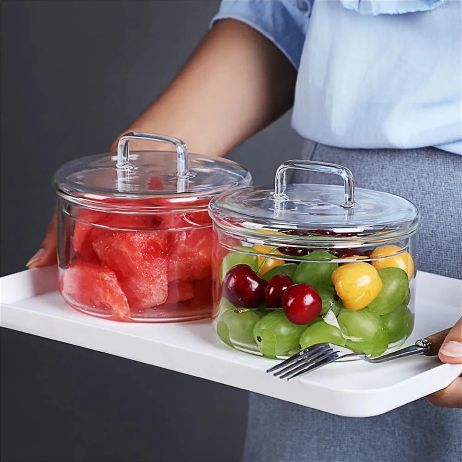 Ensaladeras Cuenco de vidrio resistente al calor con tapa Stackabe, cuencos redondos for ensalada de frutas, contenedor de almacenamiento de alimentos de cocina transparente, 2 uds. Para Cereales, Ens