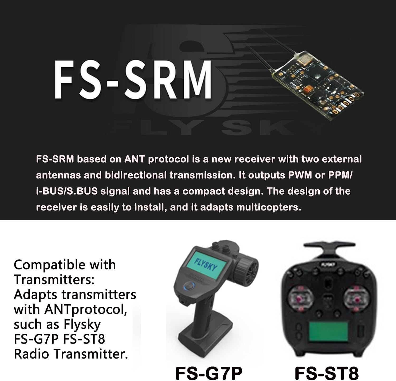 GoolRC Flysky FS-SRM Receiver, 2.4GHz 1CH Receiver ANT Protocol Dual Antennas PWM PPM I-Bus S.Bus Output Compatible with Flysky FS-G7P FS-ST8 Radio Transmitter for RC Quadcopter, FPV Racing Drone