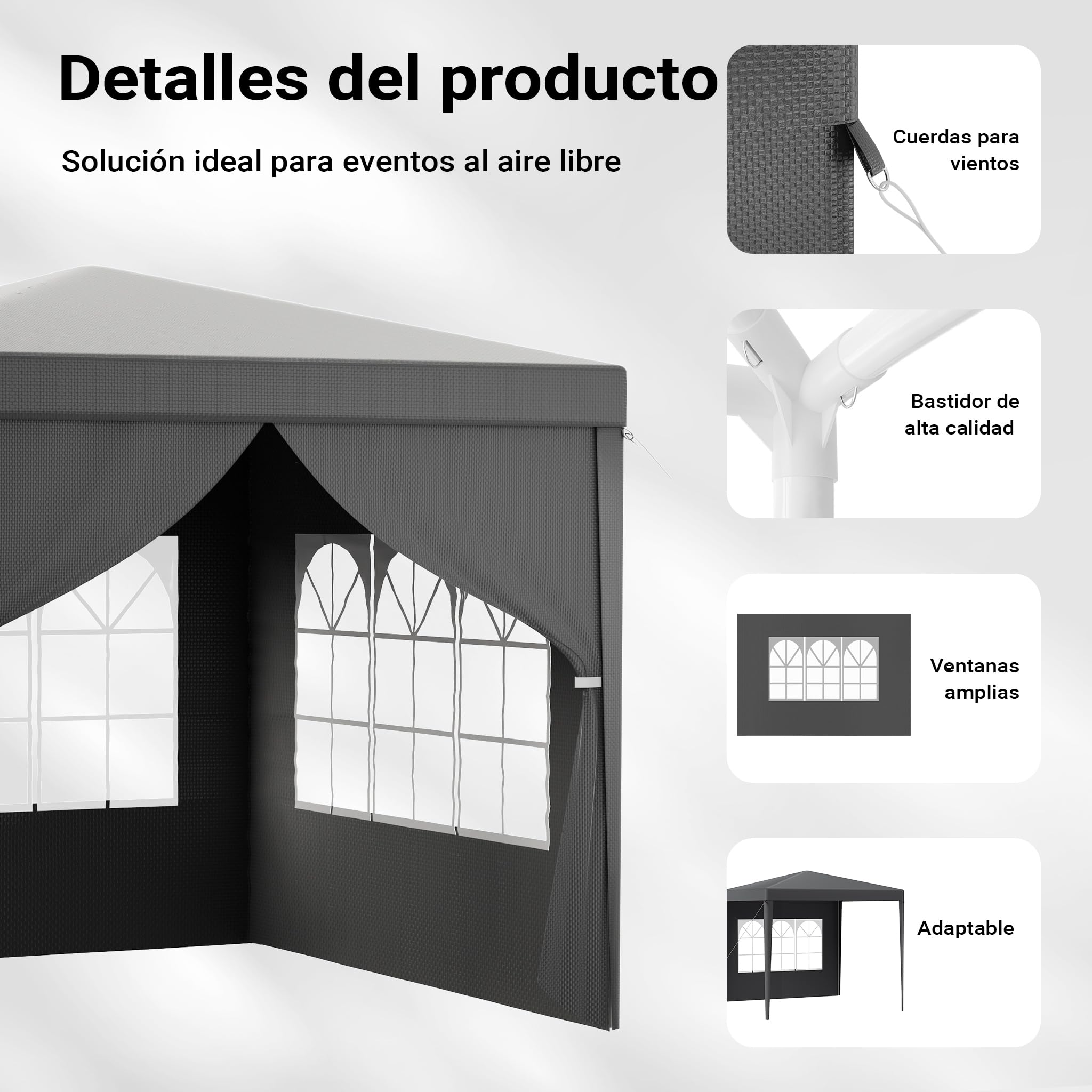 Toboli Pabellón 3 x 3 m en gris con protección UV 50+, gazebo de jardín con laterales desmontables, carpa para fiestas con ventanas, por ejemplo, para terrazas y festivales