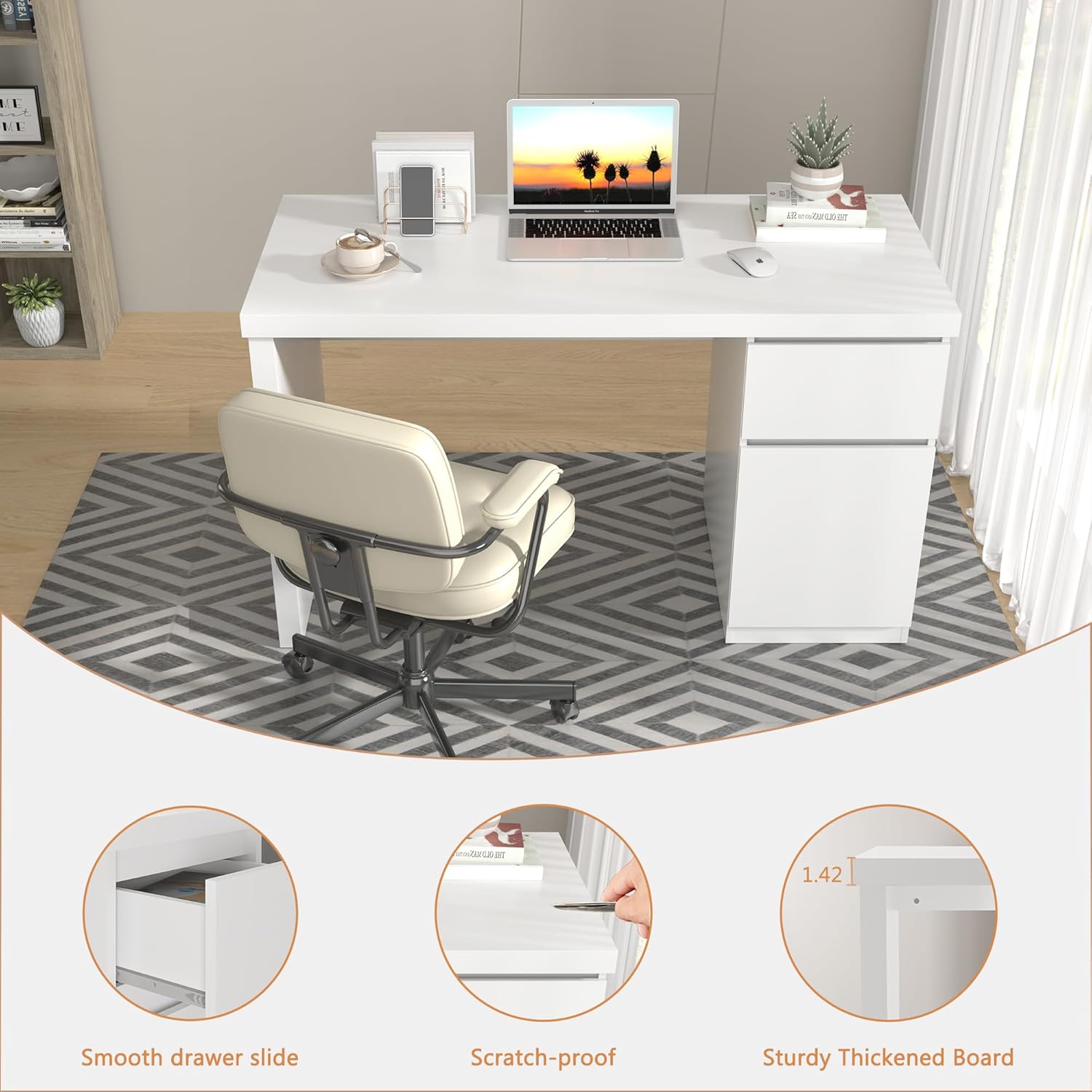 White Desk with Drawers, 47 Inch Small Computer Desk with Storage, Cute Home Office Desk for Study, Vanity, Gaming, Modern Computer Desk for Bedroom and Office, White