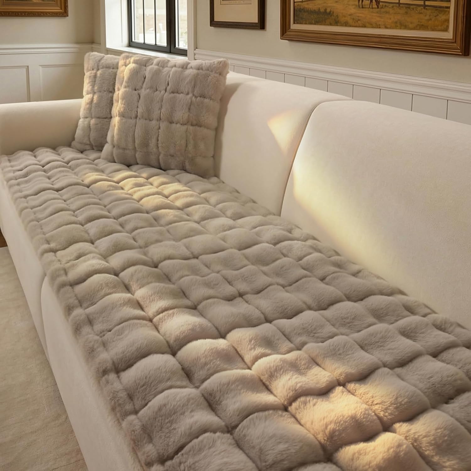 Couch Cover for Pets Plush, Non Slip Cozy Sofa Cover Pet Friendly, Soft Thick Fuzzy Sofa Slipcovers for 3 Cushions Washable Couch Sofa Funiture Protector(Light Brown,27.6'' x 59'')