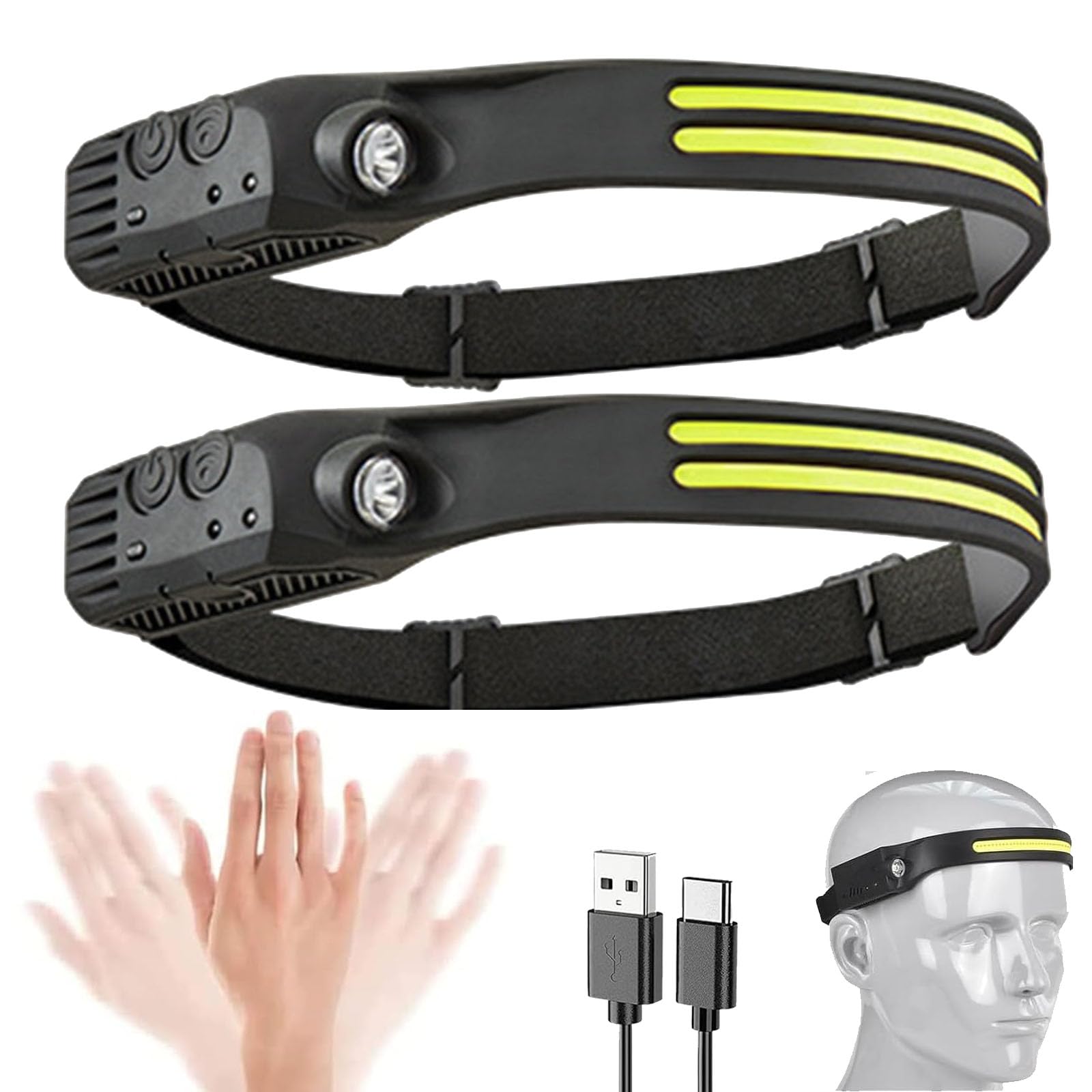 Tasber 2 Front Led Lichtleiste Head Torch, Luxelight Led Headtorch Rechargeable, Lumilight Head Torch 230° Wide Beam Headtorch, Rechargeable Waterproof Lightweight Headlamp For Running, Camping, Hunting (2, )