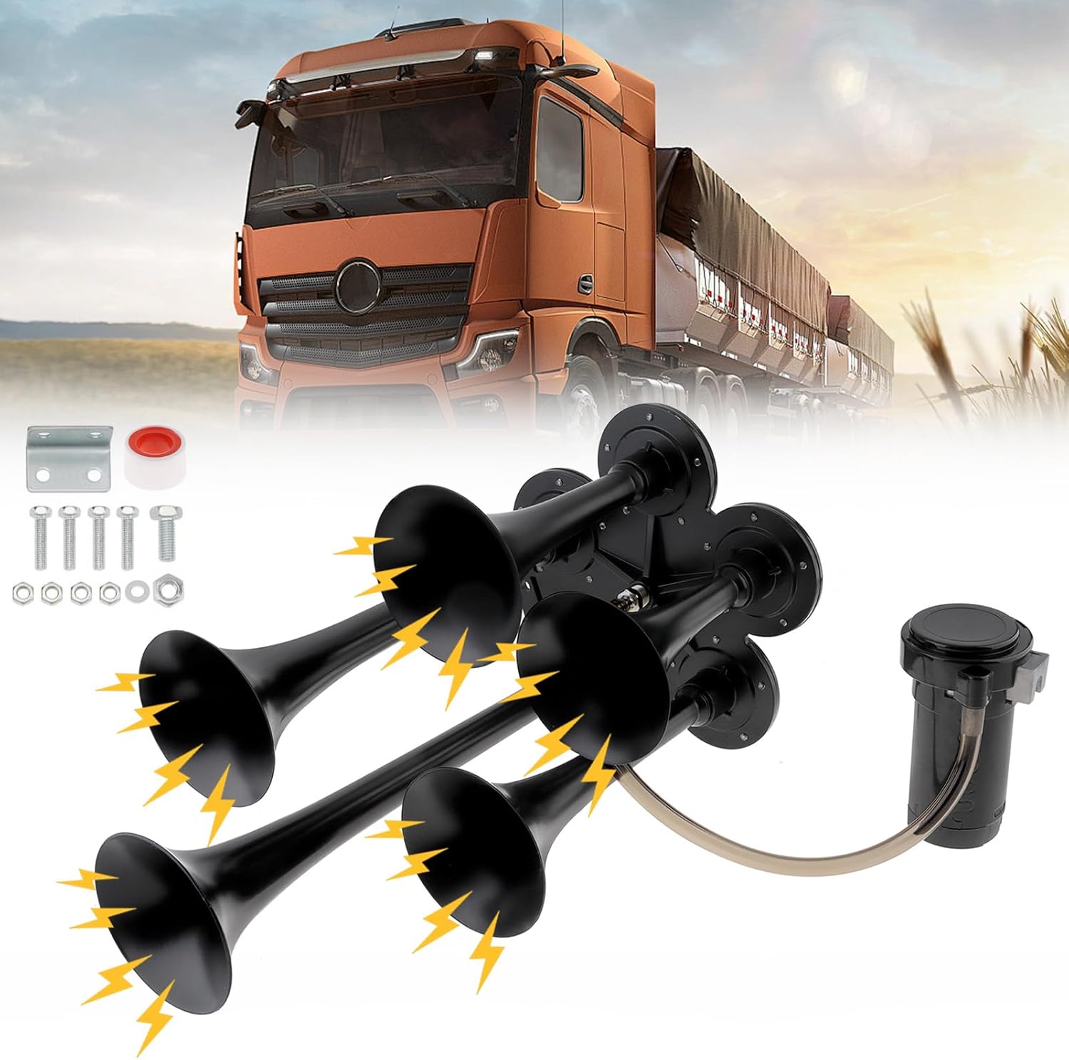 Train Horns Kit, 12V Air Horn for Truck, 185dB Super Loud Five Trumpet Air Horn with Compressor for Vehicle Car SUV Trucks Pickup Trains Lorrys Cars Boats, Black