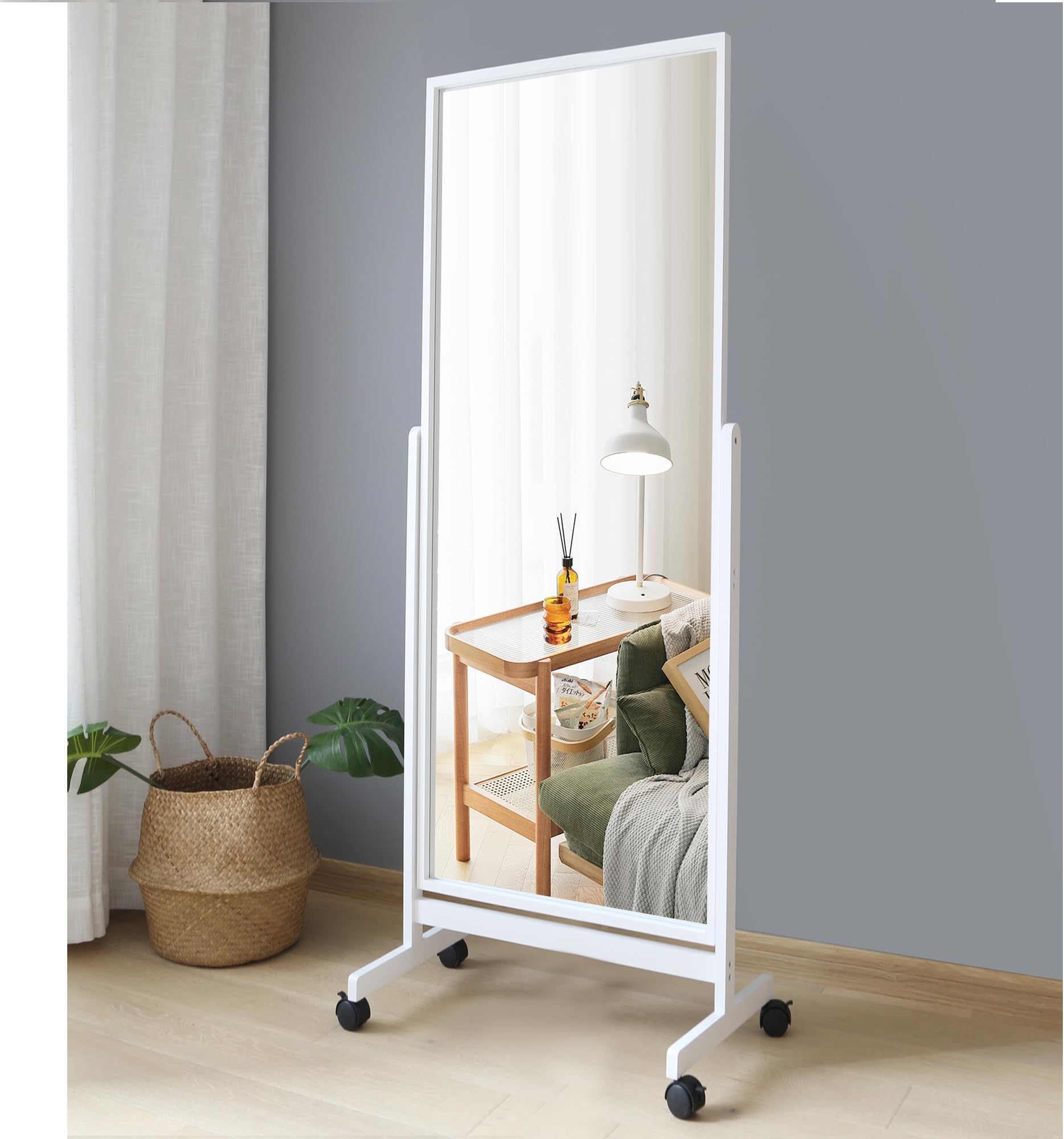 Topyi Swivel Adjustable Full Length Mirror on Wheels, Pine Wood Frame Cheval Bedroom Floor Mirror Dressing Mirror Body Mirror with Standing Holder (White, 65"x22")