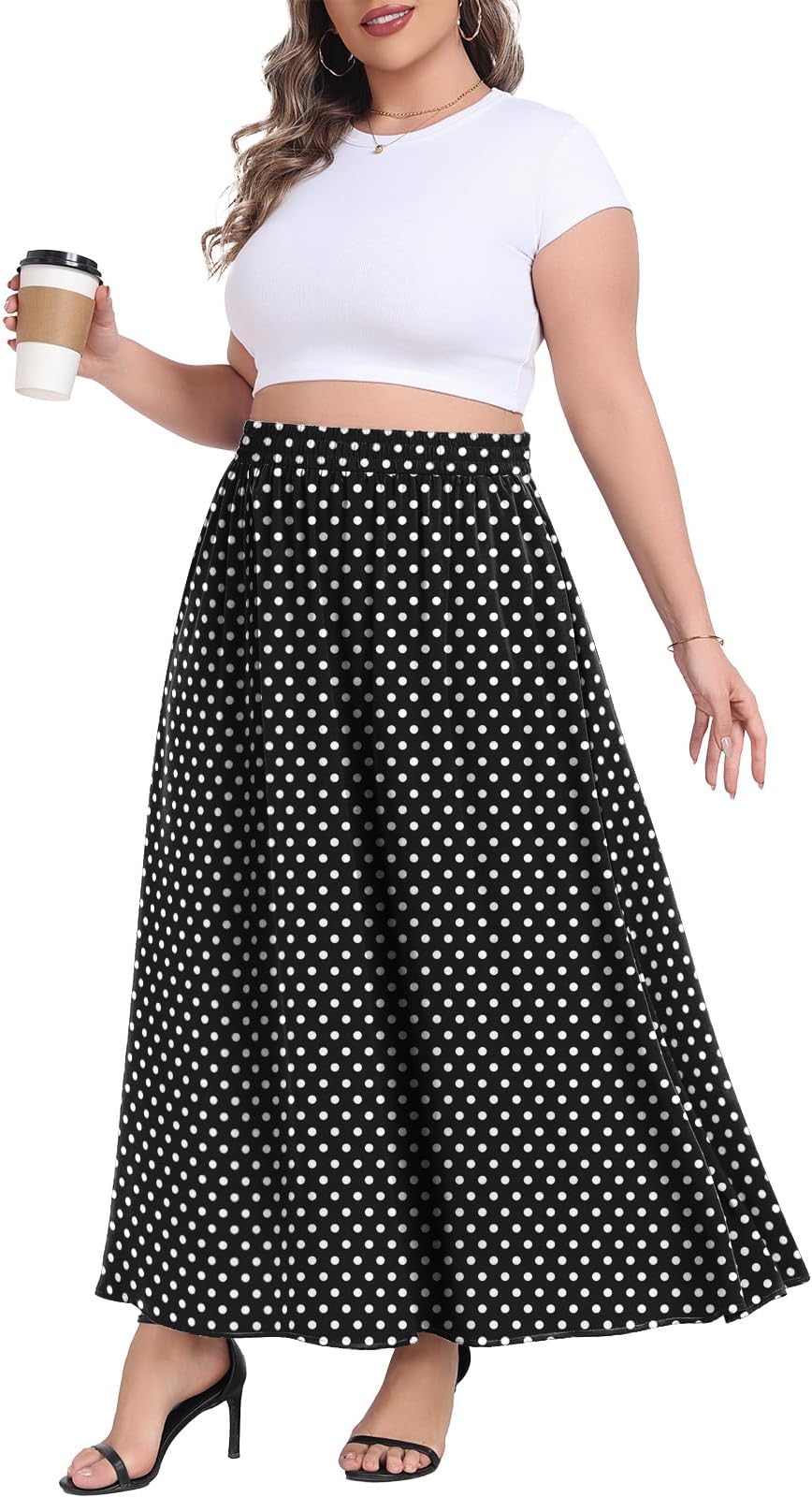Plus Size Maxi Skirt for Women Casual Elastic High Waist Boho Flowy A-line Spring Long Skirts with Pockets