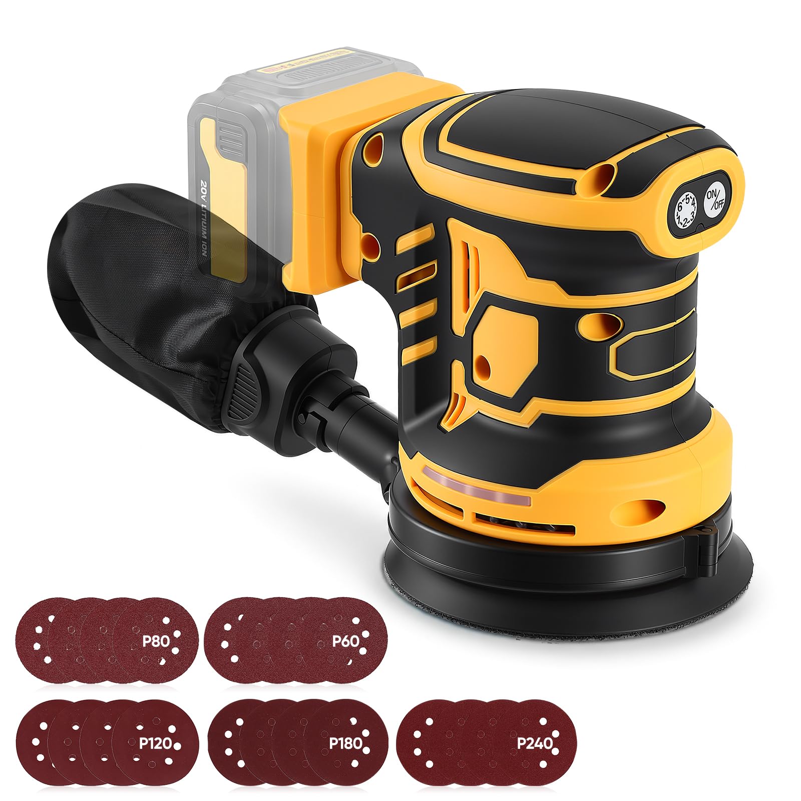 Orbital Sander Compatible with Dewalt 20V Battery, 125mm 350W Brushless Cordless Random Orbit Sander, 6 Variable Speed Max 21000 RPM, 20 Sanding Discs for Wood Sanding Polishing(Battery not Included)