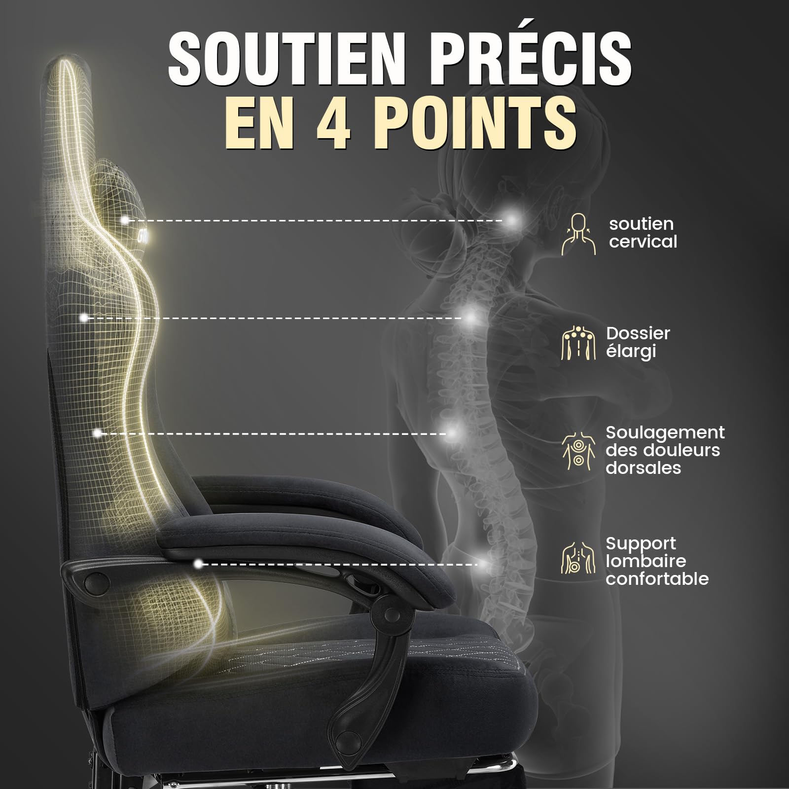 GTPLAYER Fauteuil Gaming Tissu Ergonomique Chaise de Bureau PC, 150 kg, RéGlable et Pivotante avec Coussin D'Assise à Ressorts et Repose-Pieds, Noir