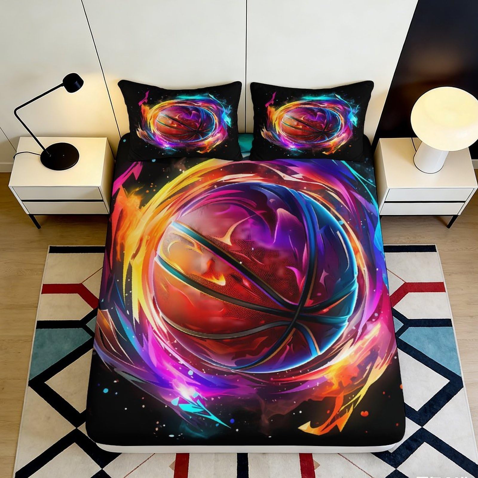 3D Printed Basketball Galaxy Fitted Sheet Microfiber Soft Vibrant Cosmic Nebula Mattress Cover for Bedroom Dorm Decor 90x200x25cm