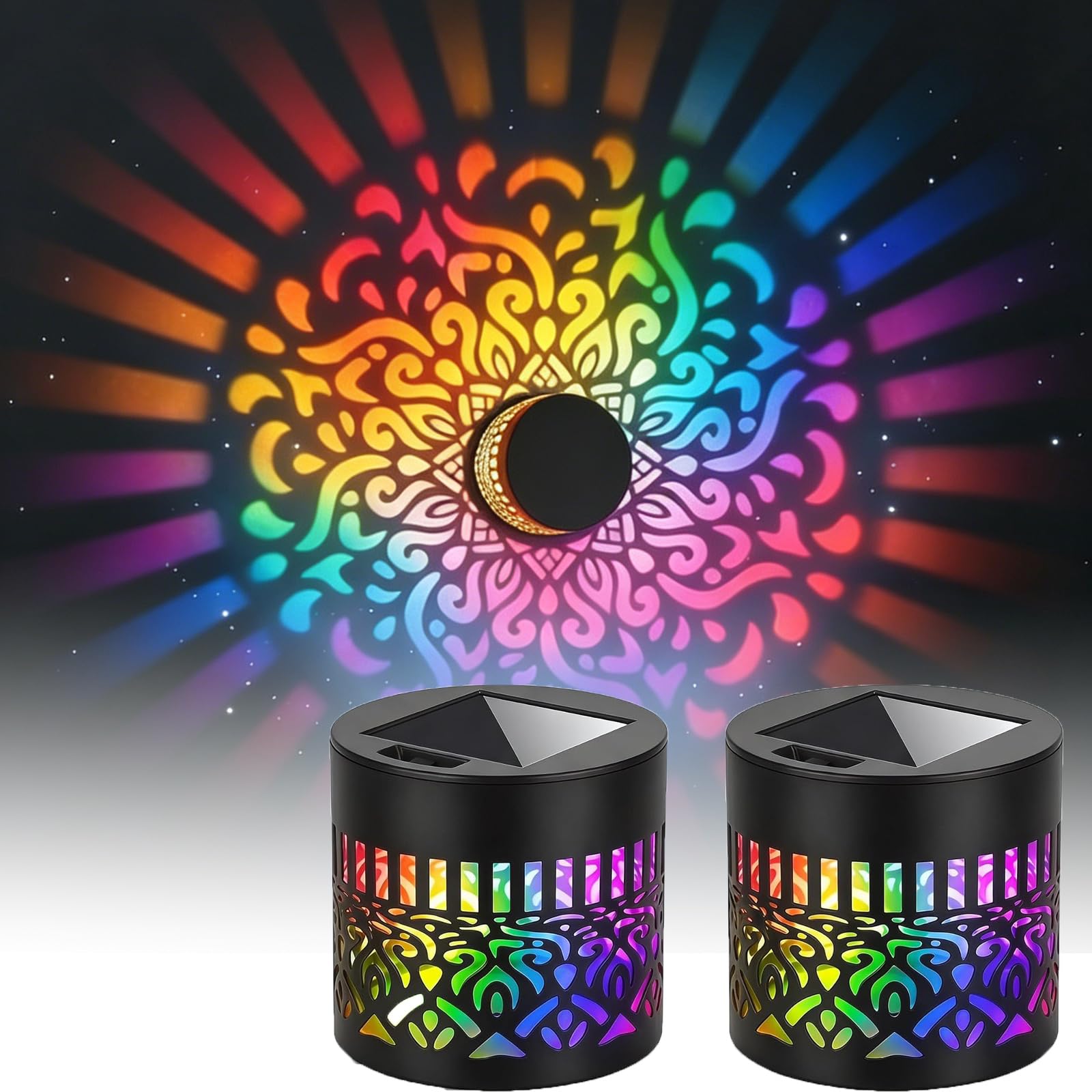 Photo 1 of 2Pack Solar Mandala Lights Outdoor Wall, Seven-Color Changing Solar Mandala Projector Light, Waterproof Decorative Solar Powered Fence Lights for Yard Garden Patio Decor