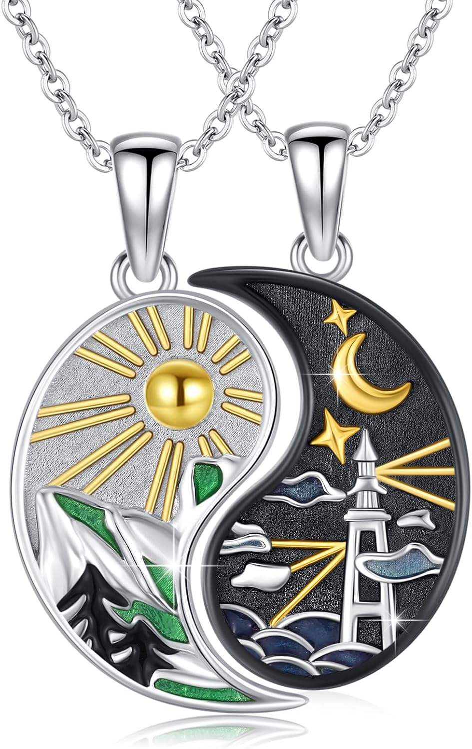 925 Sterling Silver Sun Moon Couples Necklace Set, Mountain and Lighthouse Yin Yang Pendant, 18+2" Chain