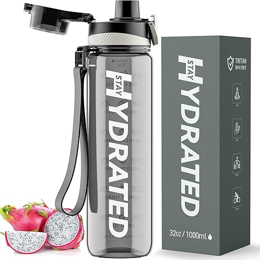 Mevoly Trinkflasche, 1L Wasserflasche Auslaufsicher BPA-Frei aus Tritan, 1 Liter Trinkflasche Sport mit Zeitmarkierung und Abnehmbare Schnürung,…