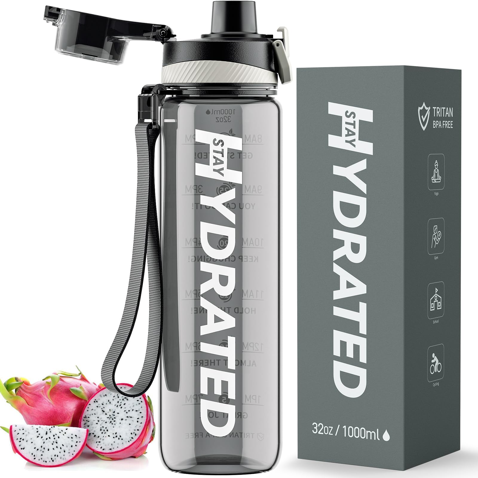 Water Bottle, 32 oz Motivational Water Bottles with Time Marker-Tritan & BPA Free, Sports Water Bottle with Time to Drink & Strap, Wide Mouth,