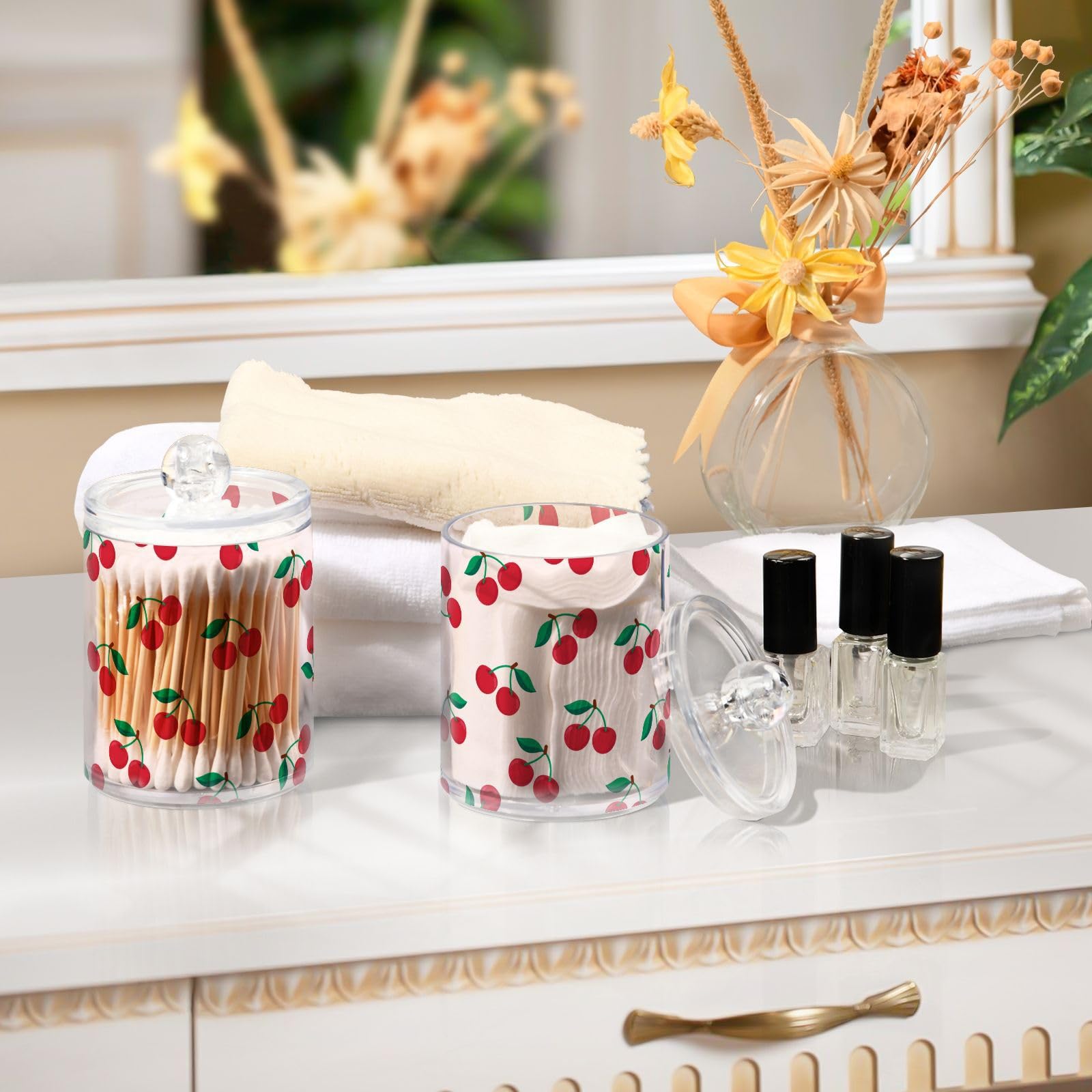 Cherry Print - Dispensador de 2 soportes para hisopos de algodón, bolas de algodón, almohadillas, hilo dental, juego de tarros de boticario de plástico de 10 onzas con tapa, organizador de