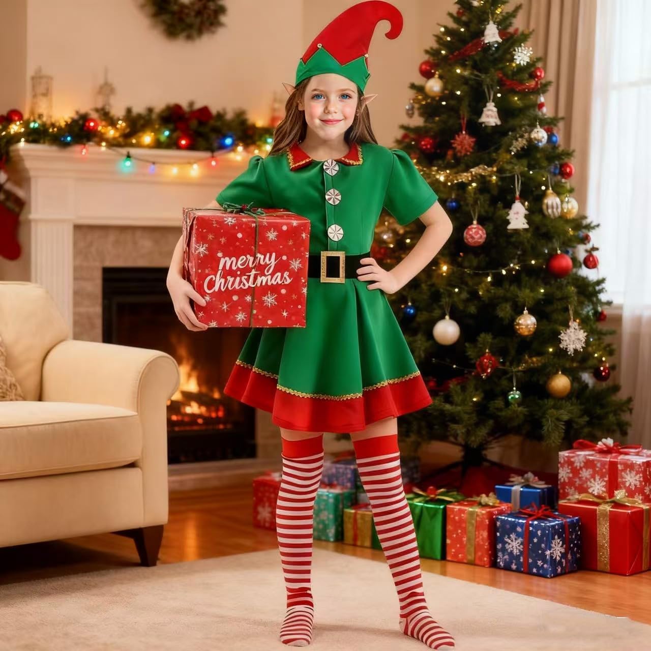 Zynthytic Christmas Elf Costume Adult Kids Christmas Elf Outfits for Women Short Sleeve Fancy Dress with Ears Hat Belt and Socks(110) - Image 2