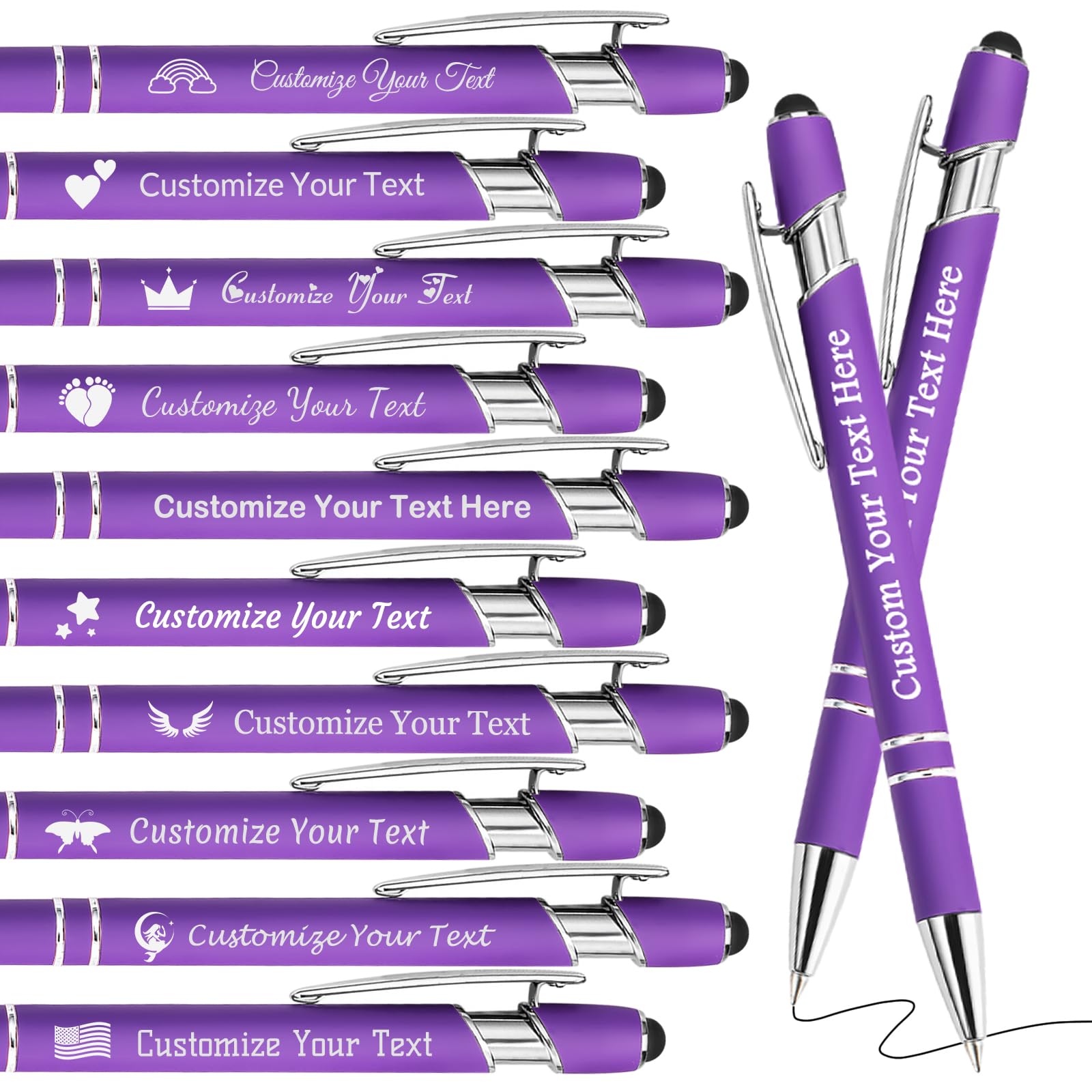 Personalised Pens Bulk Custom Pens with Logo Name 10 Pack Free Engraved Stylus Ballpoint Pens Customised Retractable Pen Message Text Gift for Men Women Black Ink Business Graduation Birthday Purple โ image 1