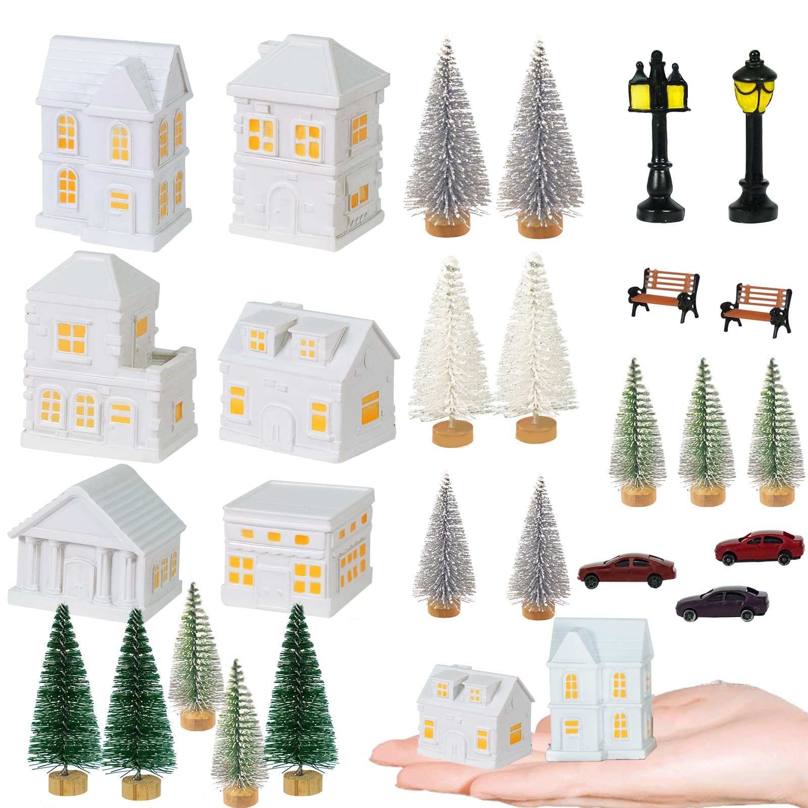 29 Pcs Christmas Miniature Village Sets 1.5 Inch Snow Village Houses for Xmas White Houses Mini Resin Houses Mini Tree Miniature Christmas Town Accessories for White Winter traditional christmas decor