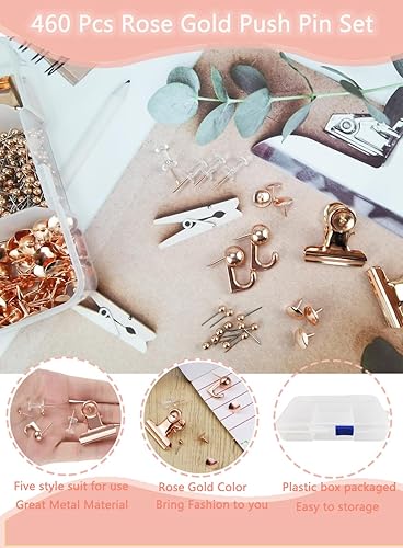 Miniatura 3 de Juego de 460 alfileres dorados de 5 estilos, ganchos de metal para empujar, pinzas para el pulgar, juego de tachuelas para tablero de anuncios de