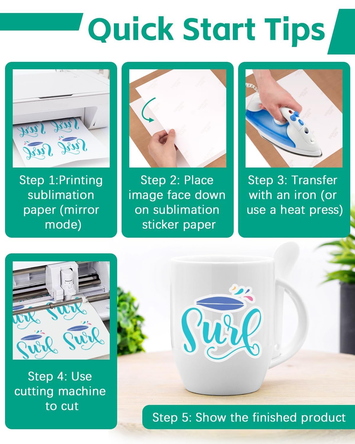 Colemoly Papel adhesivo de sublimación, 30 hojas de calcomanías blancas brillantes impermeables para impresora de inyección de tinta de 8.5 x 11 pulgadas con tinta de sublimación