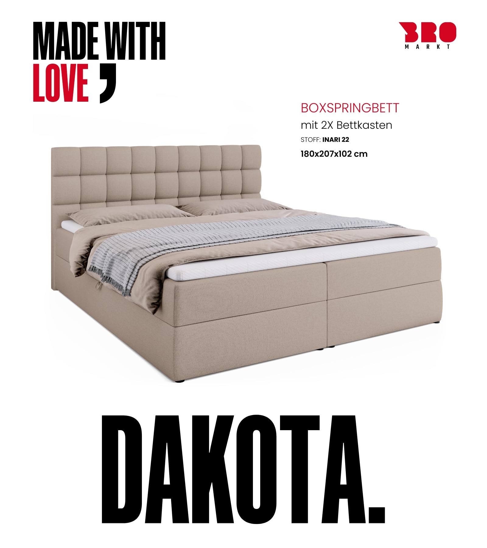 BROMARKT Boxspringbett mit Matratze 180x200cm Bett mit Topper Beige