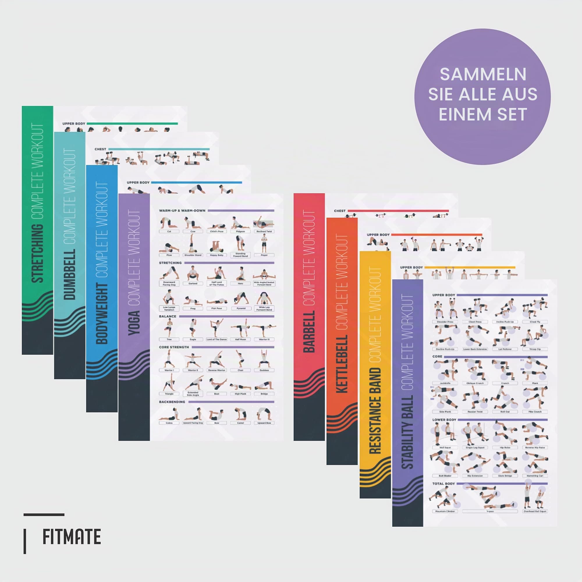 PosterMate - Profi Fitness Poster fürs Training - 8er Set - 51 x 76 cm - verschiedene Sportübungen - Perfekt geeignet für Körpergewicht, Homegym, Kurzhantel, Langhantel, Yoga, Kettlebell, Dehnen