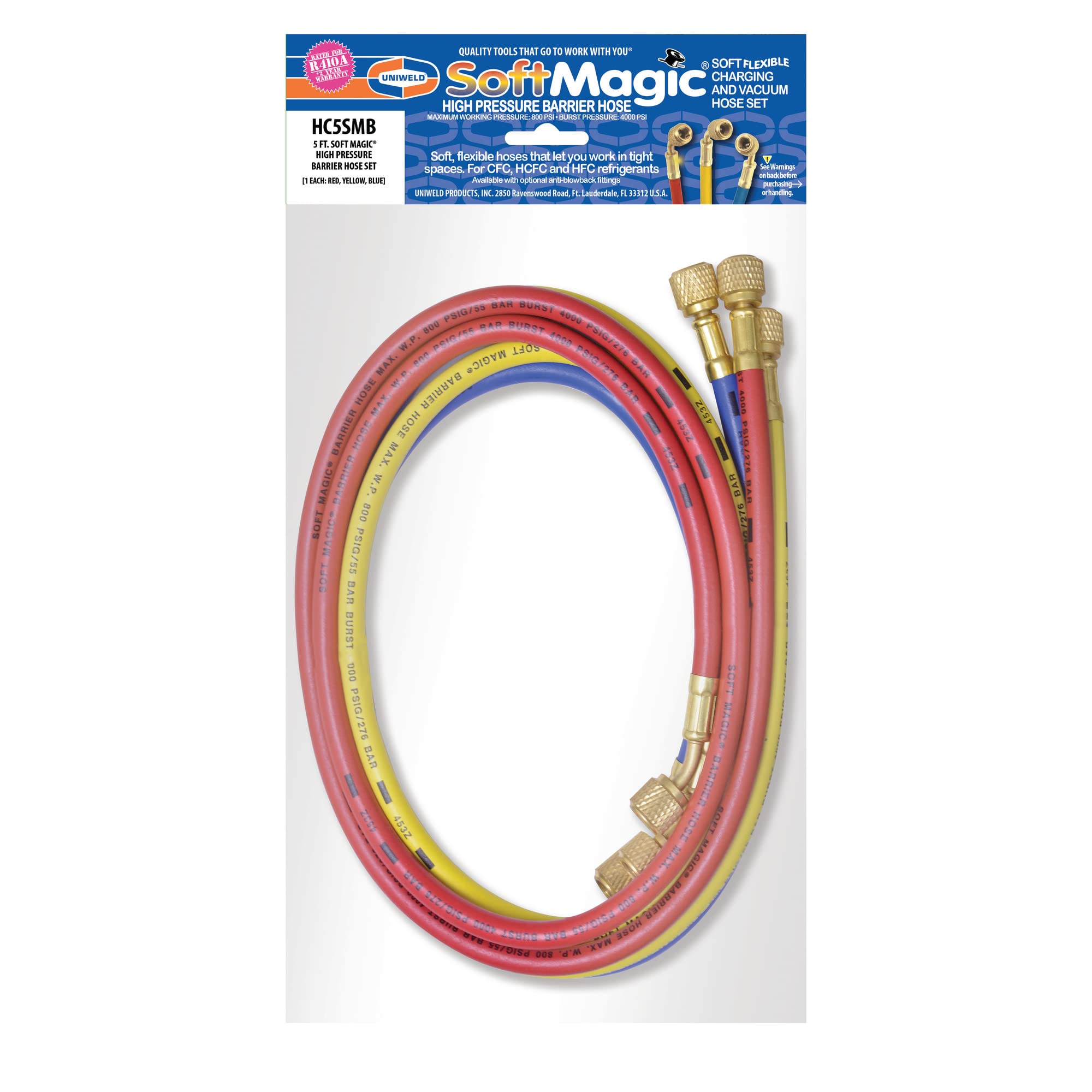 Uniweld HC5SMB Juego de mangueras de 5' Soft Magic Barrera Rd, Yl, Bl w/Anti-Golpe, Rojo