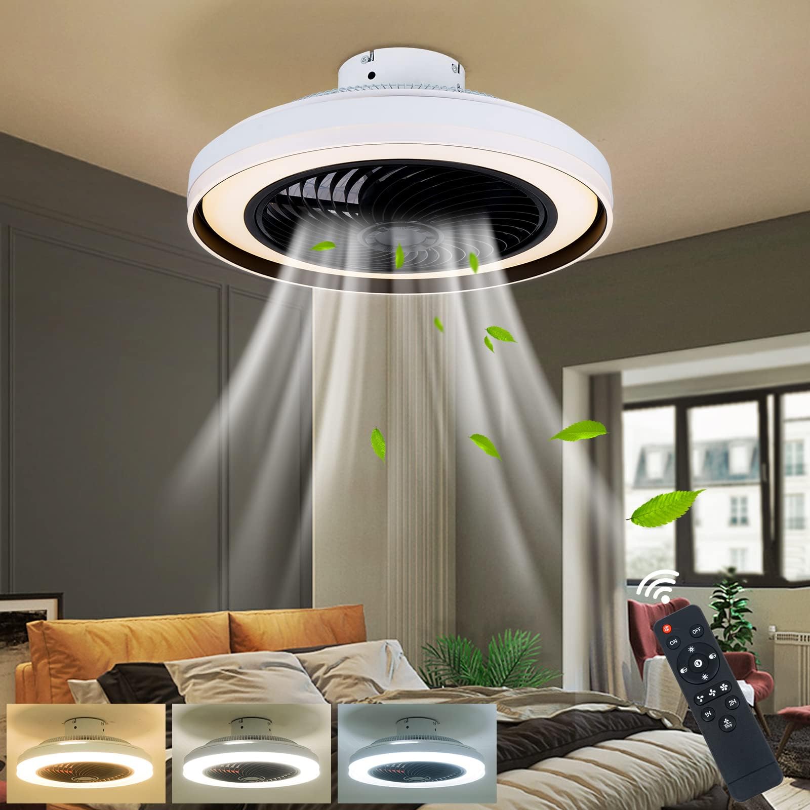 20" Modern Ceiling Fan with Lights ,Enclosed Low Profile Fan Light, Flush Mount Ceiling Fan Light3-Color 3-Level Wind Speed, Smart LED Remote Control Dimmable Hidden Electric Fan
