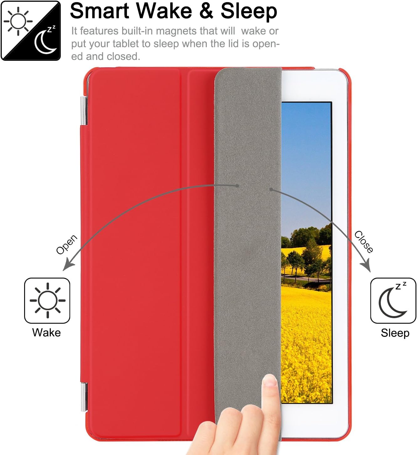 BESDATA Ultra Thin Magnetic Smart Cover [Wake/Sleep Function]& Translucent Back Case for 2014 iPad Air 2 + Screen Protector + Cleaning Cloth + Stylus (Red)