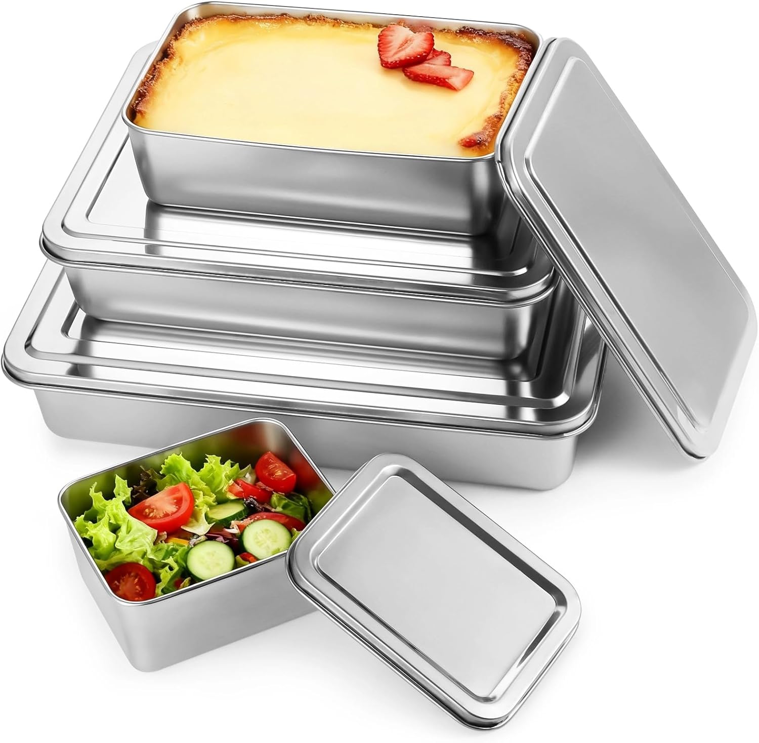 Homaisson 4PCS Stainless Steel Cake Pan With Lid, 13/11/9/5 Inch Rectangle Sheet Pan, Nonstick Bakeware Cake Pan for Bread, Cake, Meat, Vegetables