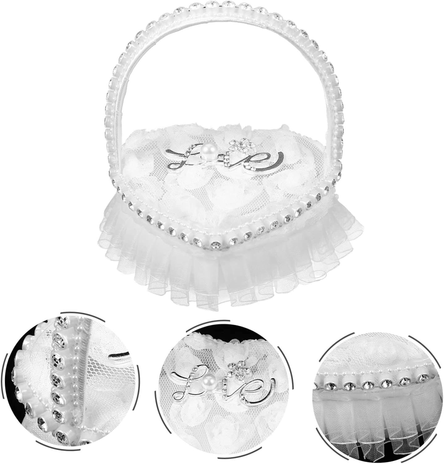 GLEAVI Heart Shaped Lace Ring Bearer Pillow: White Satin Wedding Ceremony Cushion with Pearl Handle & Rhinestones, Elegant Bridal Ring Holder Accessory