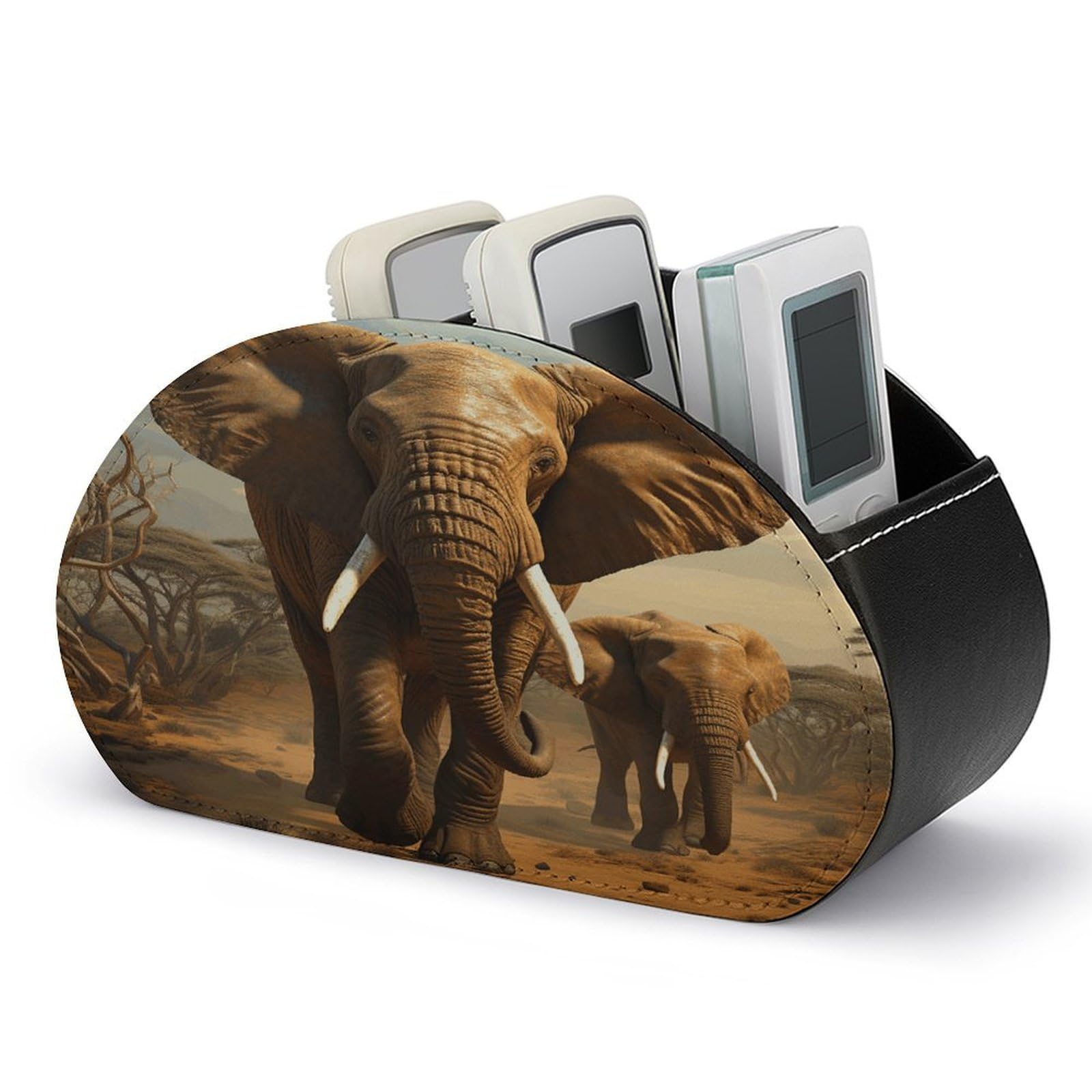 FekiLoot Leather TV Remote Control Holder with 5 Compartments Multifunctional TV Remote Holder Bedside Table Remote Caddy Storage Box Elephant Animals Remote Organizer for Home Office