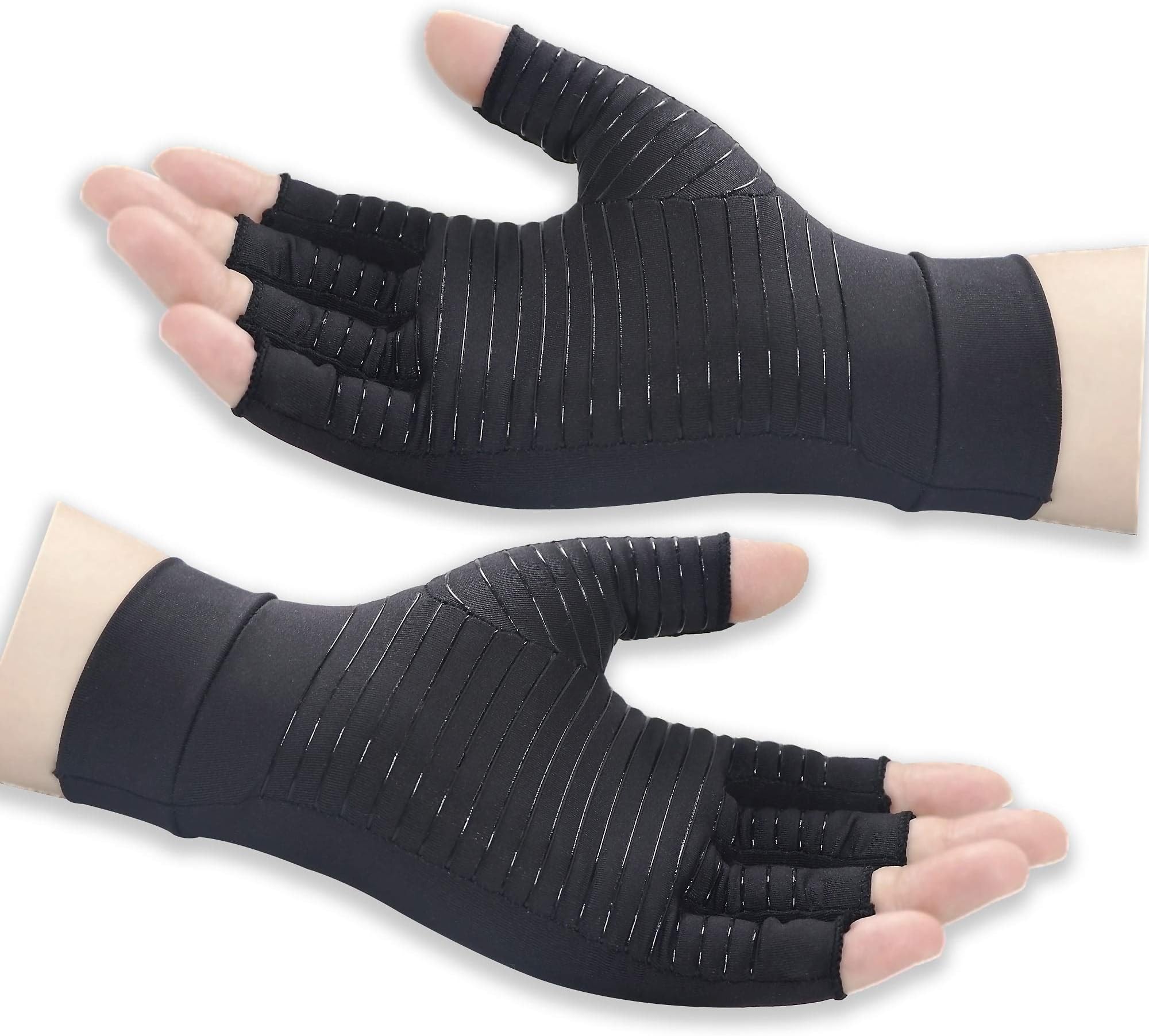 Arthritis Compression Gloves 2 Open Fingerless Copper Gloves for Carpal Tunnel Relief,Rheumatoid,Rsi,Swelling,Hand Pain (Black, Small (1 Pair))