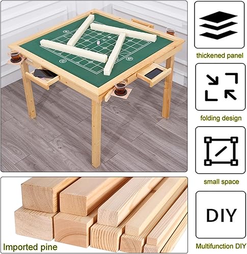 Miniatura 5 de Mesas de mahjong plegables de madera, mesa cuadrada de juego de cartas de dominó para 4 jugadores con fieltro verde y portavasos, mesa mahjong para