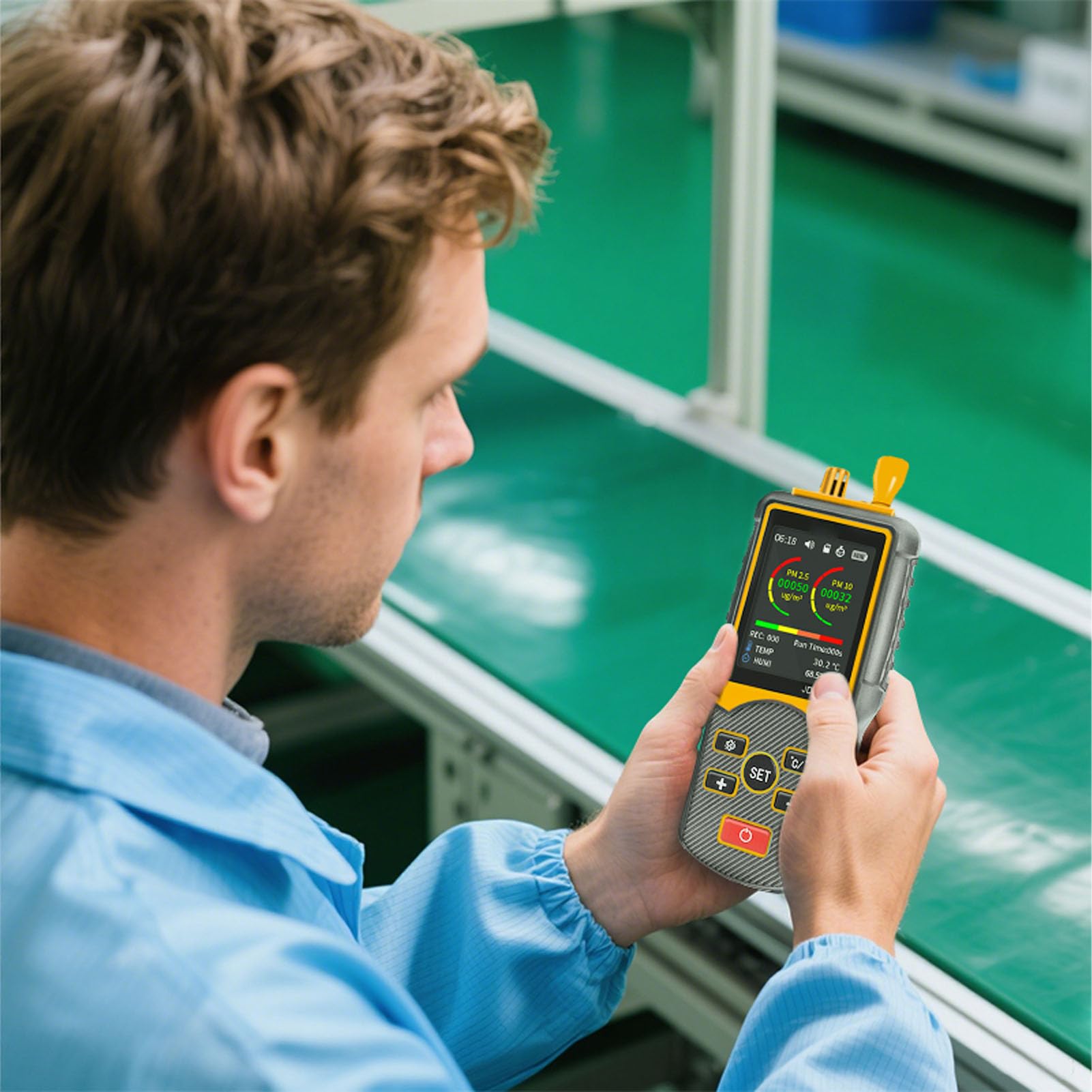Cocoarm Staubpartikelzähler, Tragbarer ABS-Partikelzähler mit 5-Kanal-Erkennung, 0,3 µm, 2,5 µm, 10, PM2, PM10, Farbbildschirm, Datenspeicherung für Lufttests in der Fabrik, Im Büro, in der Schule