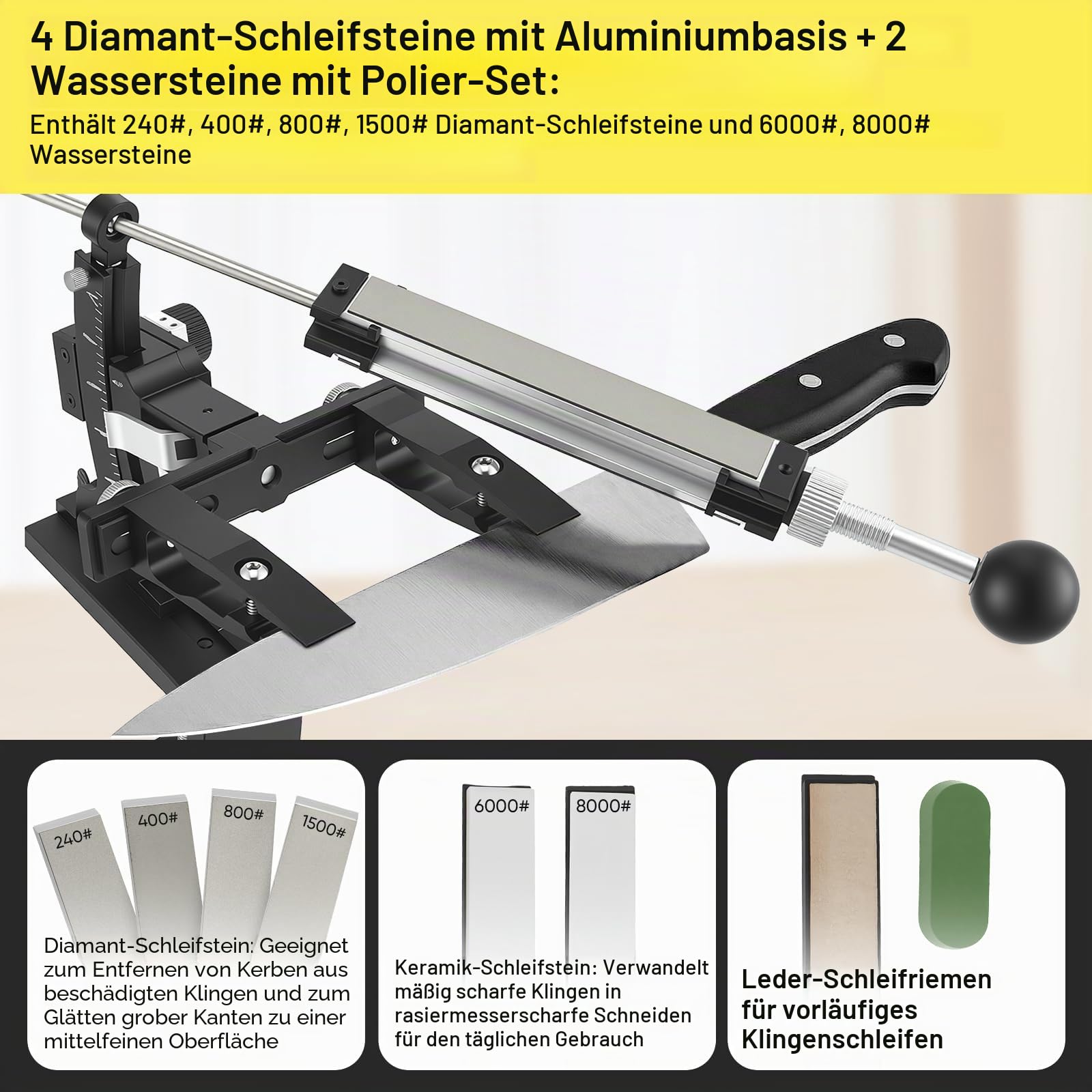 Präzisions Messerschärfe, Manuelles Messerschärfsystem aus CNC Aluminium mit 360° Flip & zweiseitiger Steinklemme Inkl 6 Schleifsteine (240-8000#) & Stabiler Tischklemme