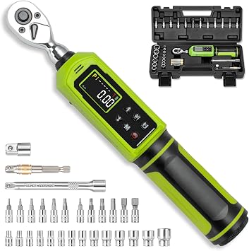 33Pcs 1/4" Digital Torque Wrench Set-0.33-22.13Ft.Lb/0.45-30 N.m, Electric Torque Wrench 1/4 Drive With Vibration Buzzer LED Indicator,2% Accuracy Five Units for Bike Motorcycle Car Auto Repair